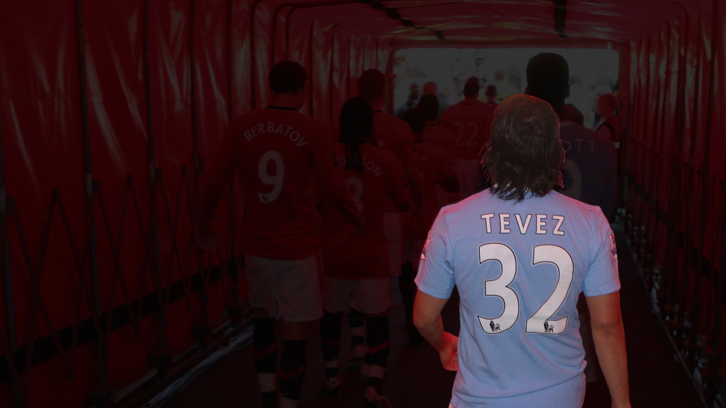 Carlos Tevez of Manchester City walks out ahead of the FA Barclays Premier League match between Manchester United and Manchester City at Old Trafford on 20th September 2009
