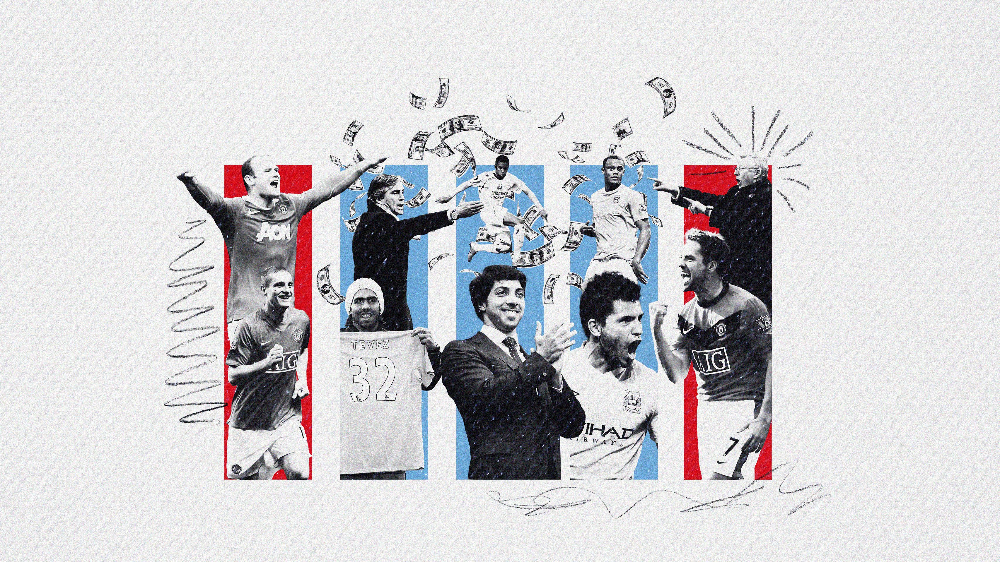 A collage of Manchester City and Manchester United players, bought by each club in the years following City's 2008 takeover by the group headed up by by Sheikh Mansour Bin Zayed Al Nahyan (bottom centre)