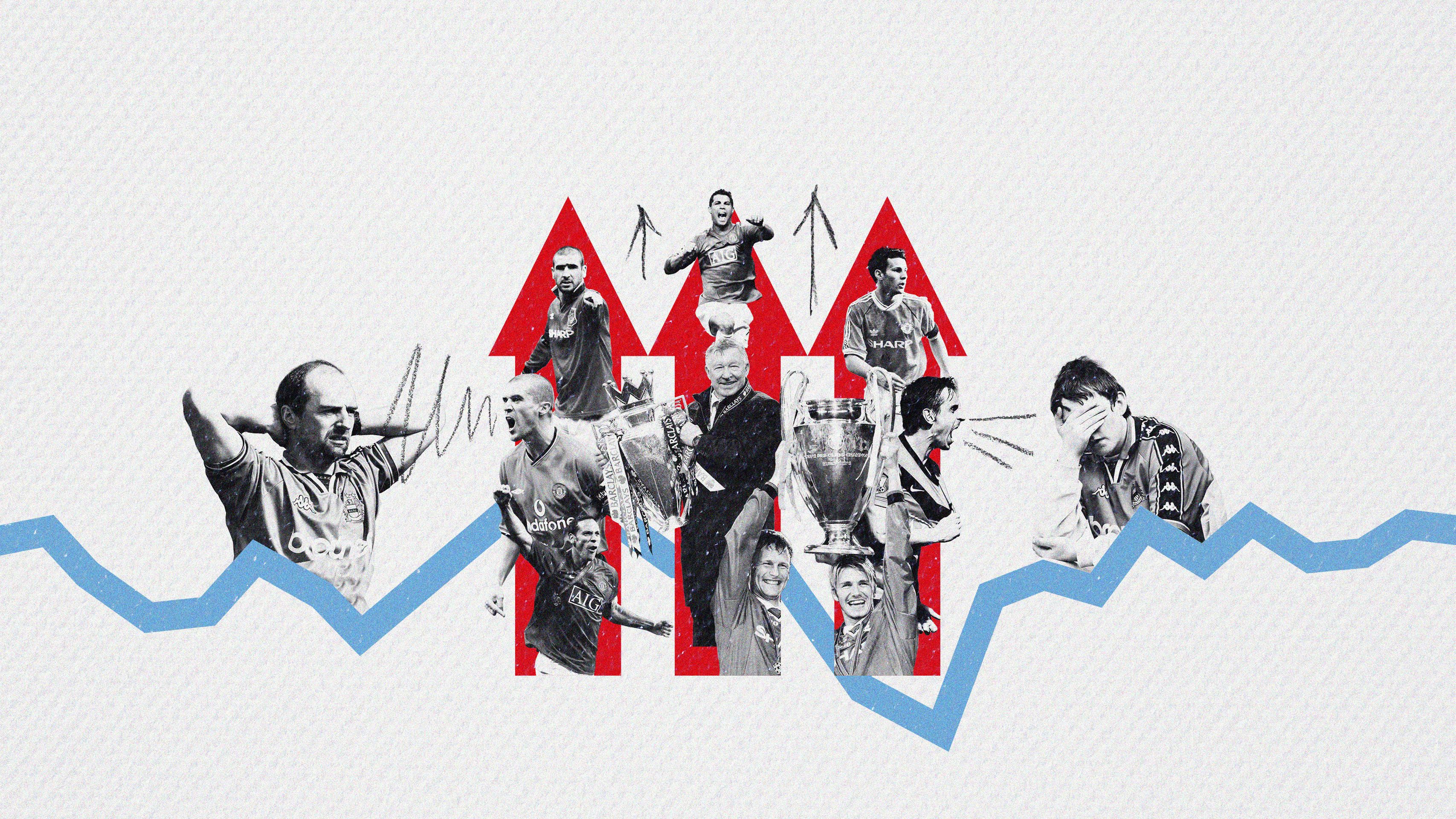 Collage of Manchester players from their successful period from 1992 to 2013 (centre) with images of dejected Manchester City fans either side