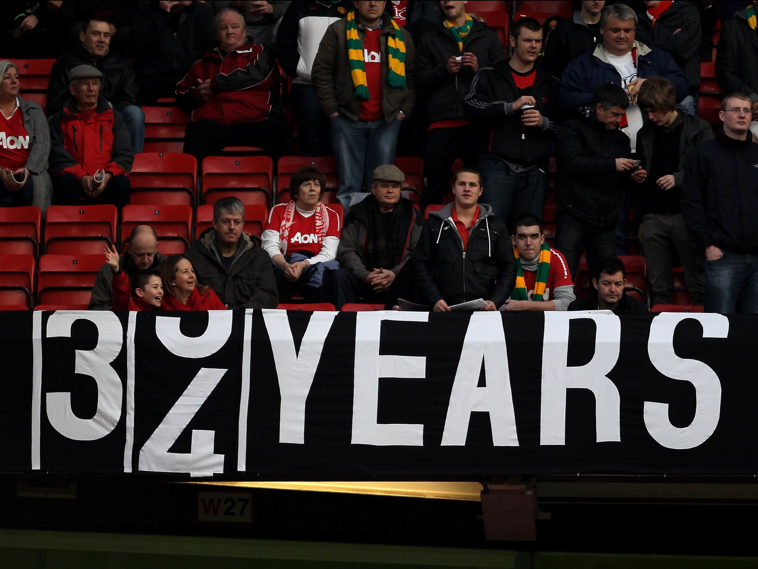 Manchester United fans display a banner depicting the last time City won a trophy during the Premier League match between Manchester United and Manchester City