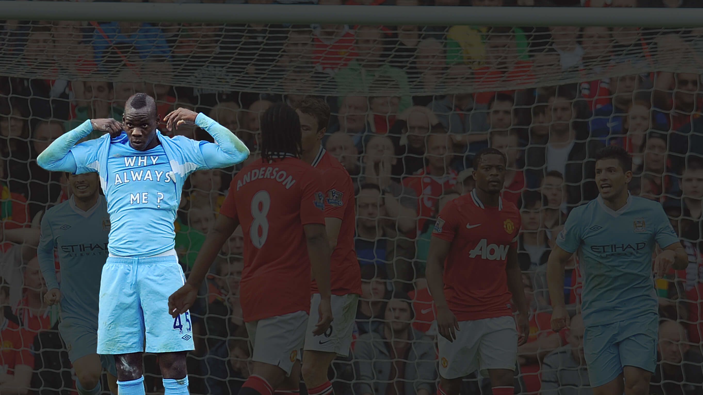 Mario Balotelli lifts his shirt to reveal a 'Why always me?' T-shirt during Manchester City's 6-1 win at Manchester United on 23 October 2011