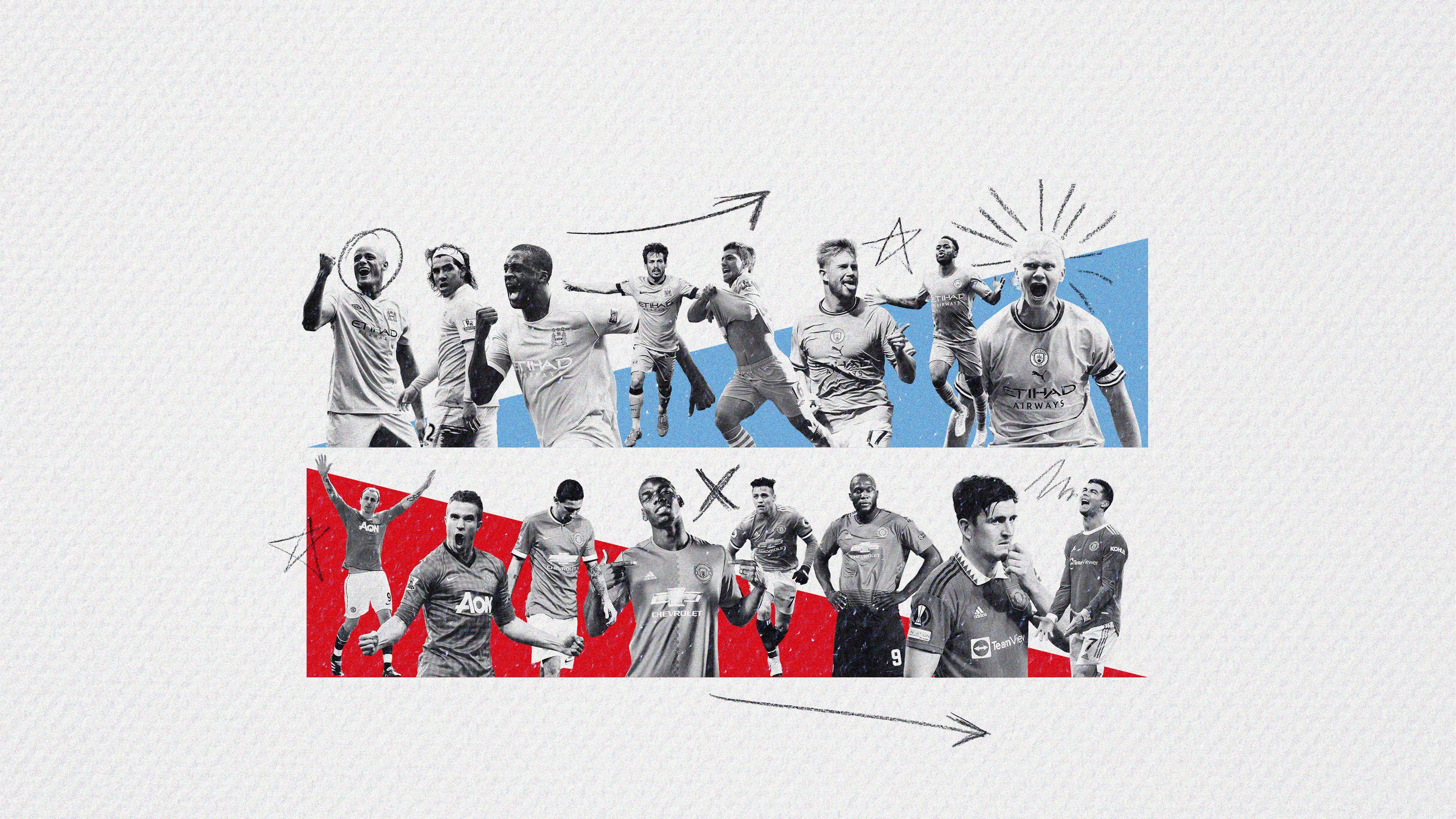 A collage of players signed by Manchester City (top) and Manchester United (bottom) following City's takeover in 2008