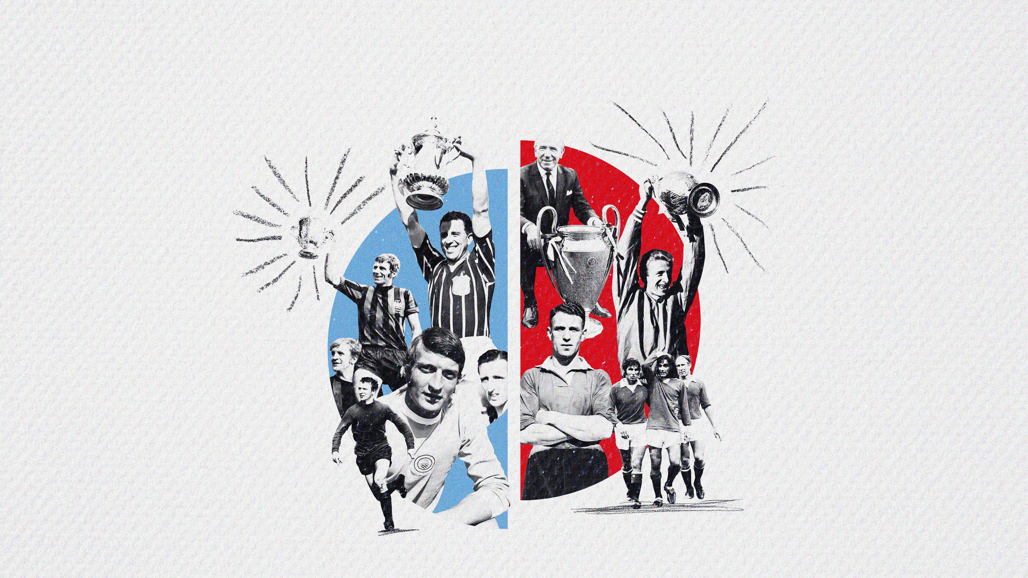Collage of pre-Premier League figures from Manchester City (left) and Manchester United (right)