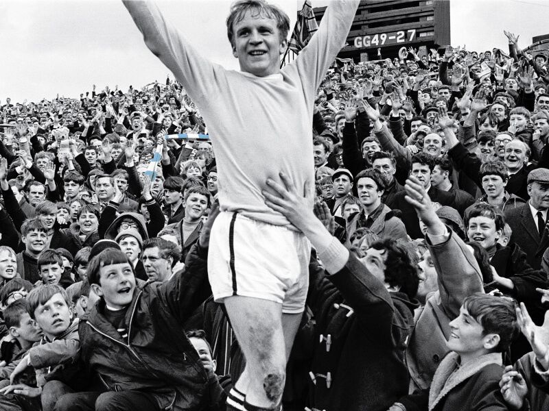 Francis Lee celebrates in front of Manchester City fans at Newcastle in 1968