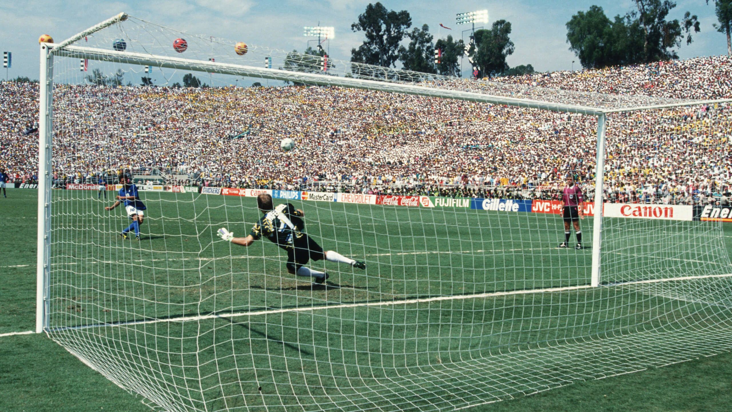 Roberto Baggio misses the decisive penalty in the final of the 1994 World Cup