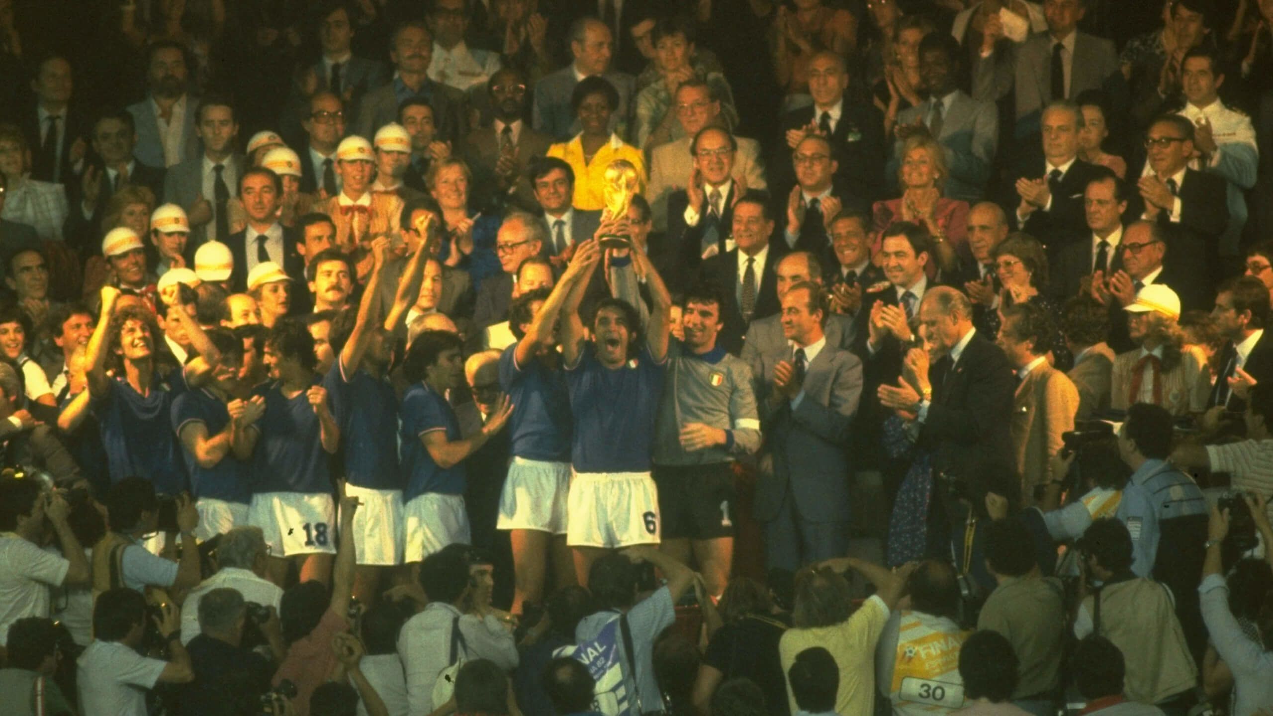 Italy hold aloft the World Cup trophy in 1982