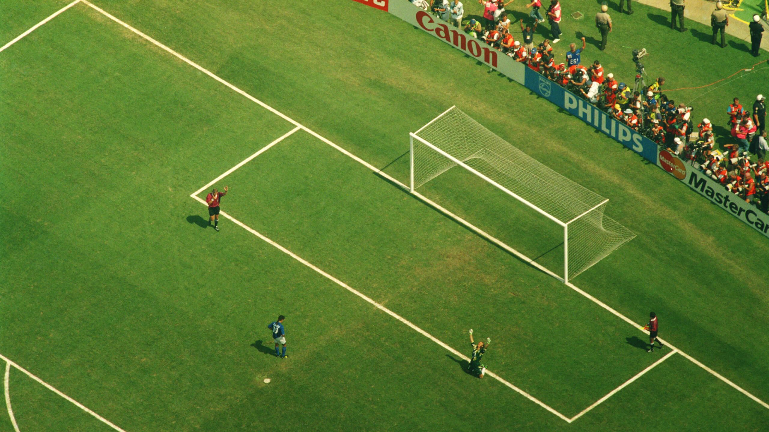 An aerial shot of Roberto Baggio's penalty miss in the 1994 World Cup final