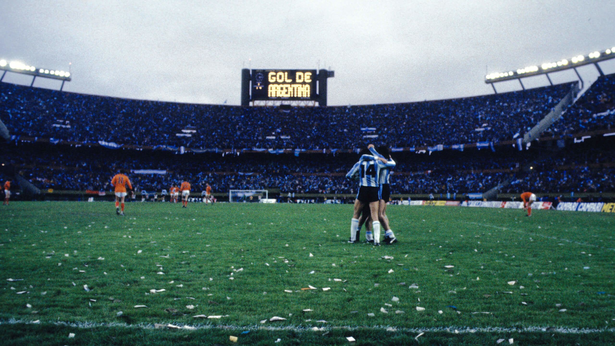 Argentina players celebrate scoring against the Netherlands in the 1978 World Cup final