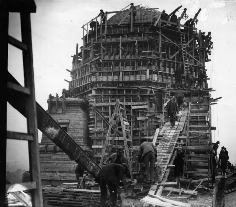 Construction work taking place on one of the twin towers at the stadium at Wembley in the early 1920s