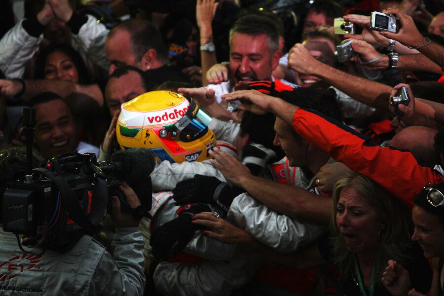 Lewis Hamilton celebrates his first title