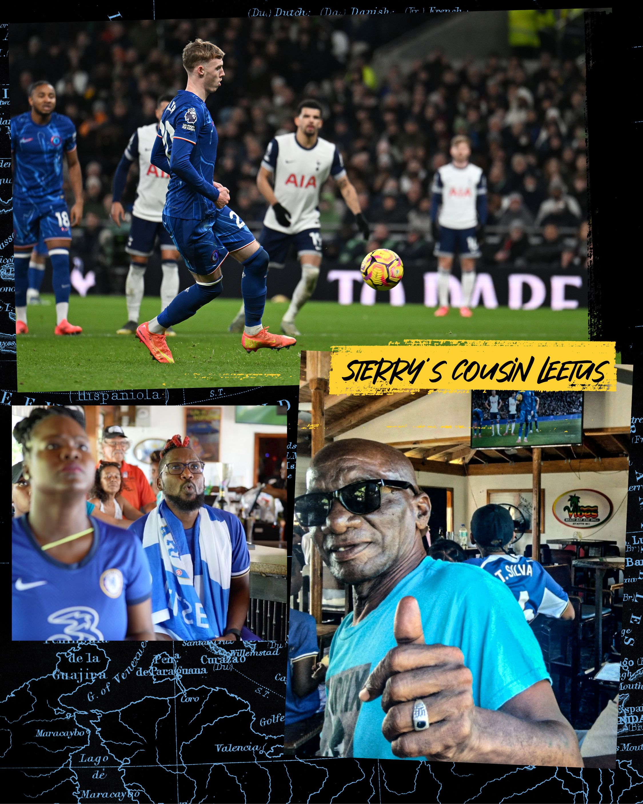 A composite image including Cole Palmer scoring a panenka against tottenham hotspur and St Kitts locals watching the game, including Sterrys cousin Leetus
