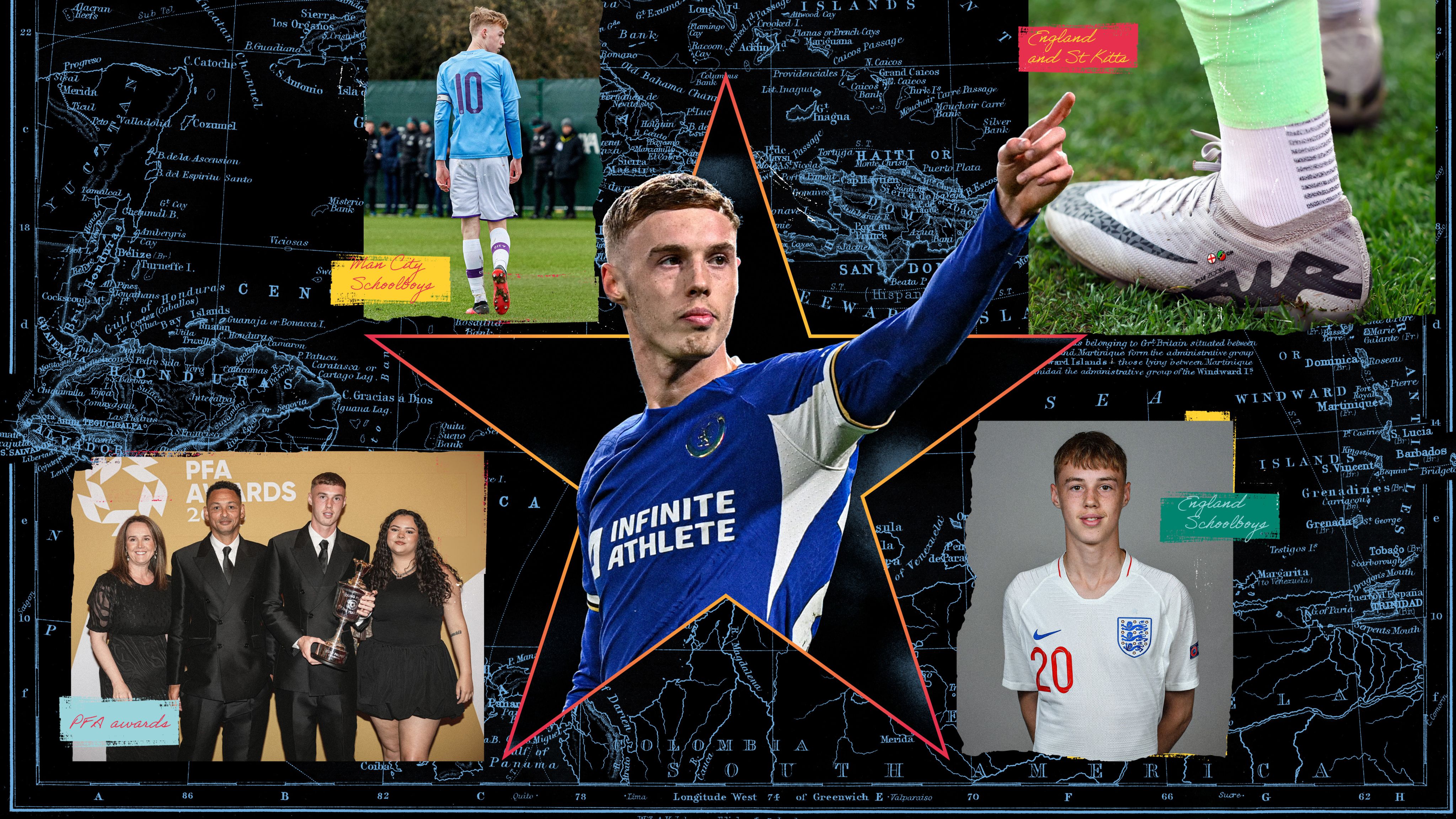 A composite image of Cole Palmer containing images of him with his family, at England and Man City schoolboy levels.