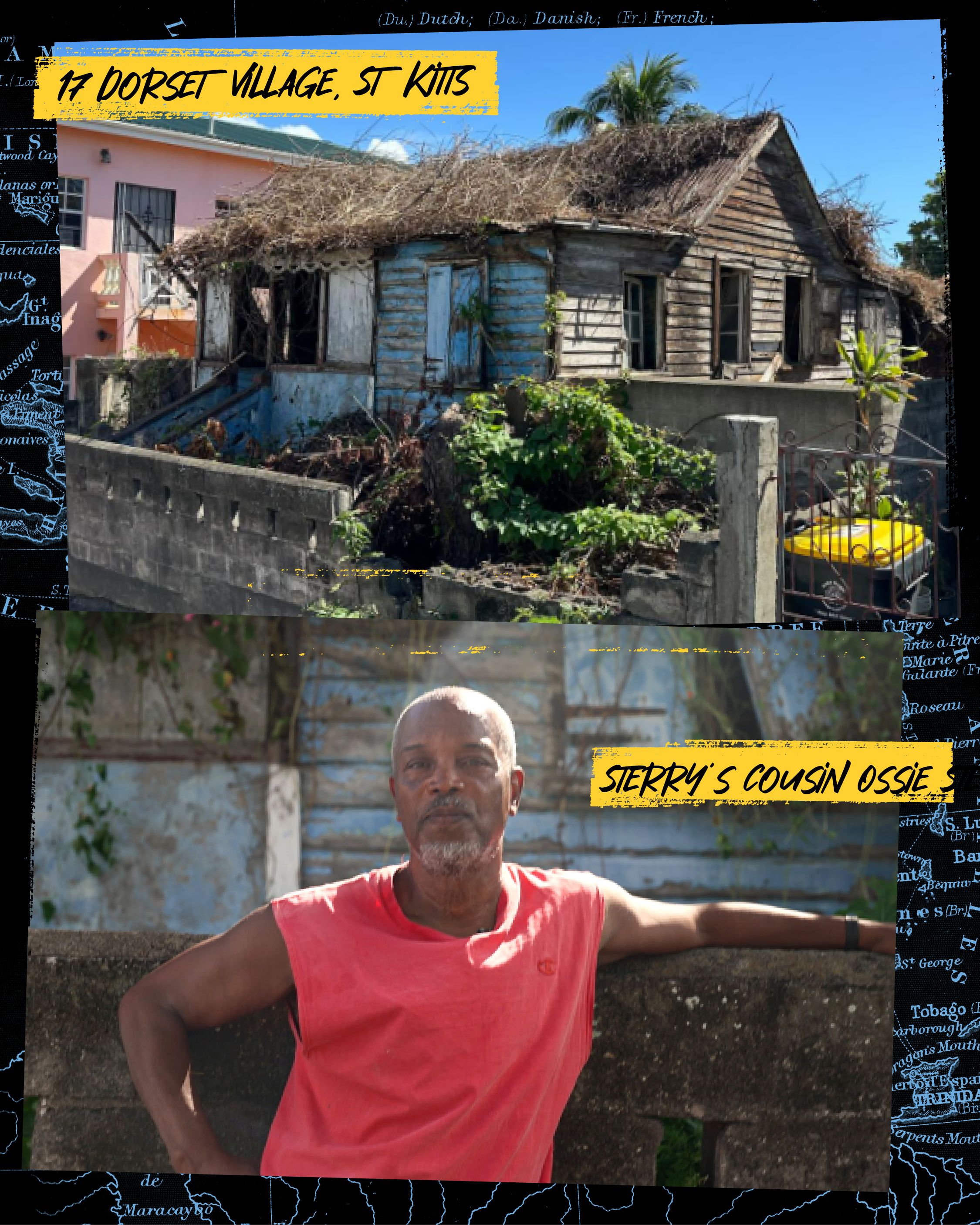 A composite image of the house in St Kitts that Cole Palmers dad Sterry was born in and Sterrys cousin Ossie, standing outside