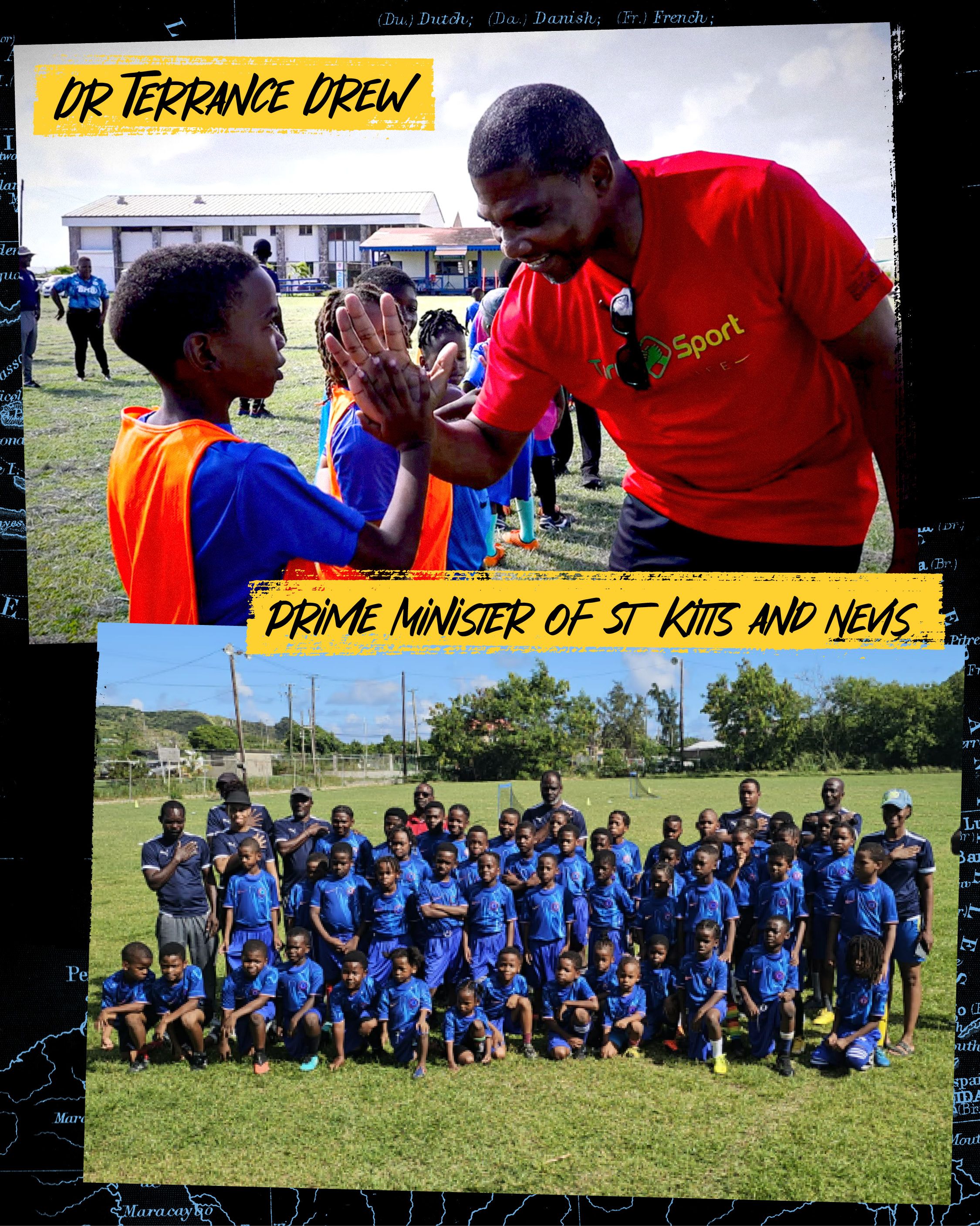 Image of Dr Terrance Drew, the Prime minister of St Kitts and Nevis with Schoolchildren dressed in Chelsea kit