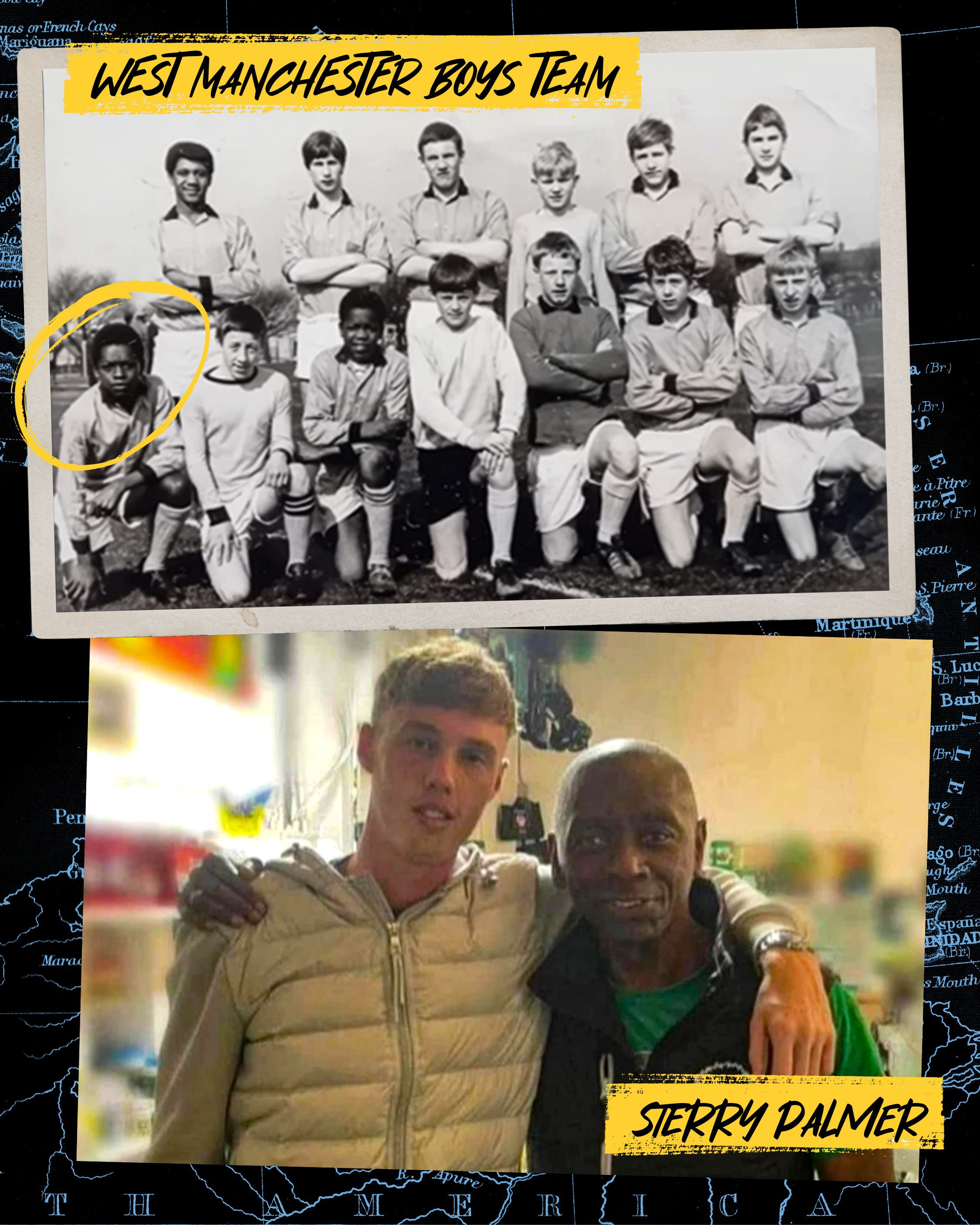 A composite image showing an image of Manchester boys team with Sterry circled. A second image of Cole Palmer with his Grandad Sterry