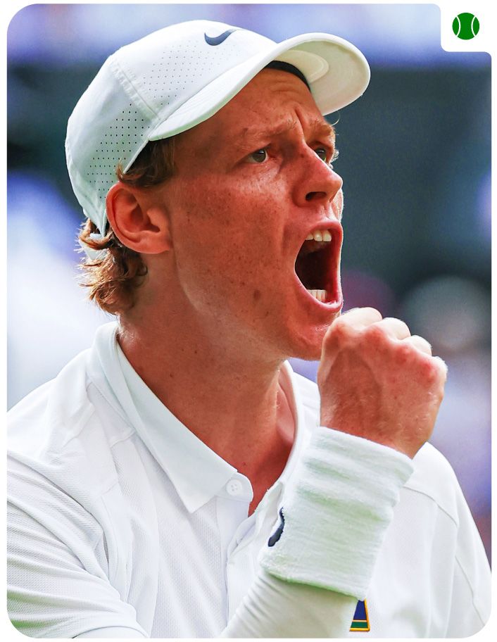 A close up of Jannik Sinner dressed all white as he shouts with his fist raised.
