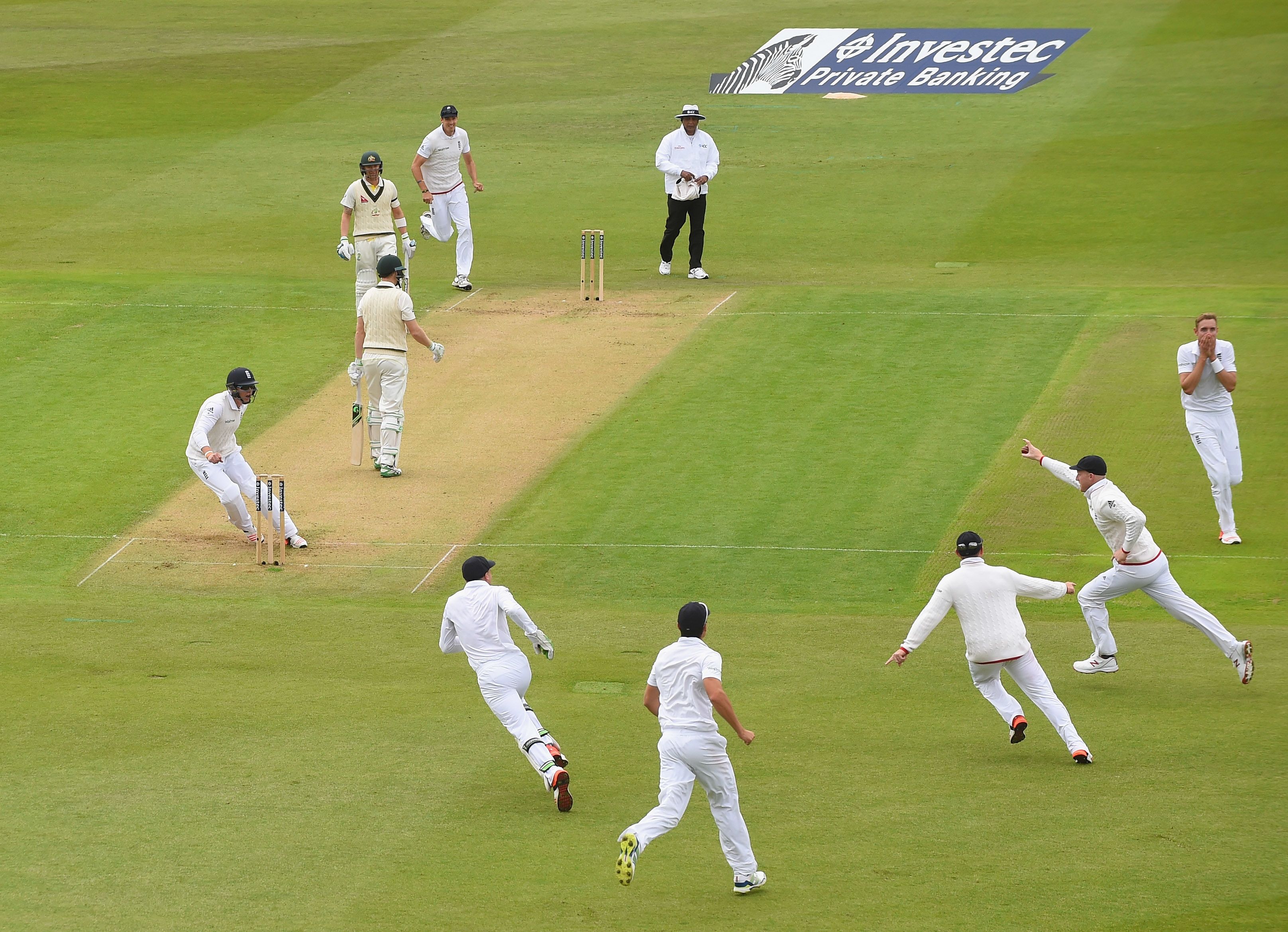 England celebrate after Ben Stokes completes the catch of Adam Voages