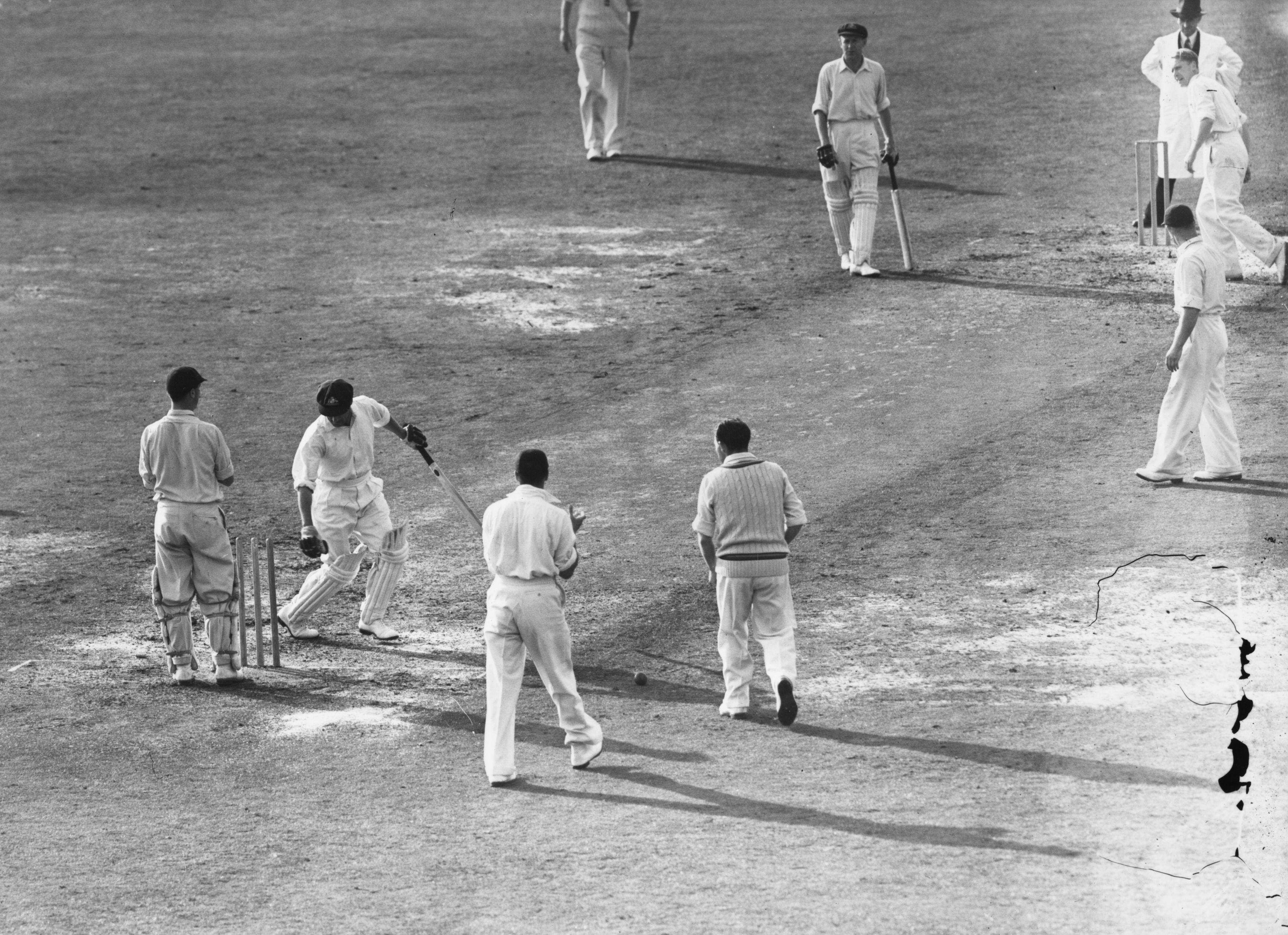 Don Bradman is bowled by Eric Hollies for a duck in his final Test innings