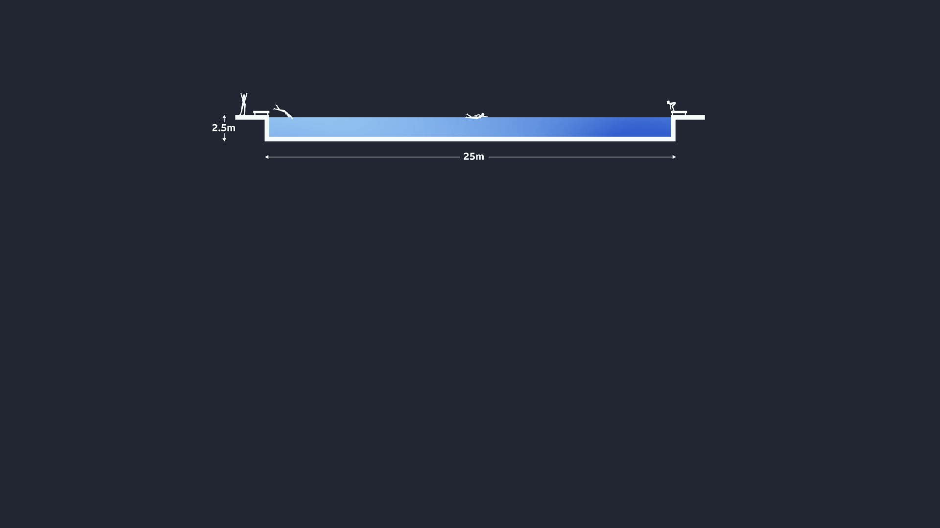 Diagram showing the side profile of a standard Olympic swimming pool, 25 metres in length and 2.5 metres deep, with simple icons representing swimmers at different points along the pool