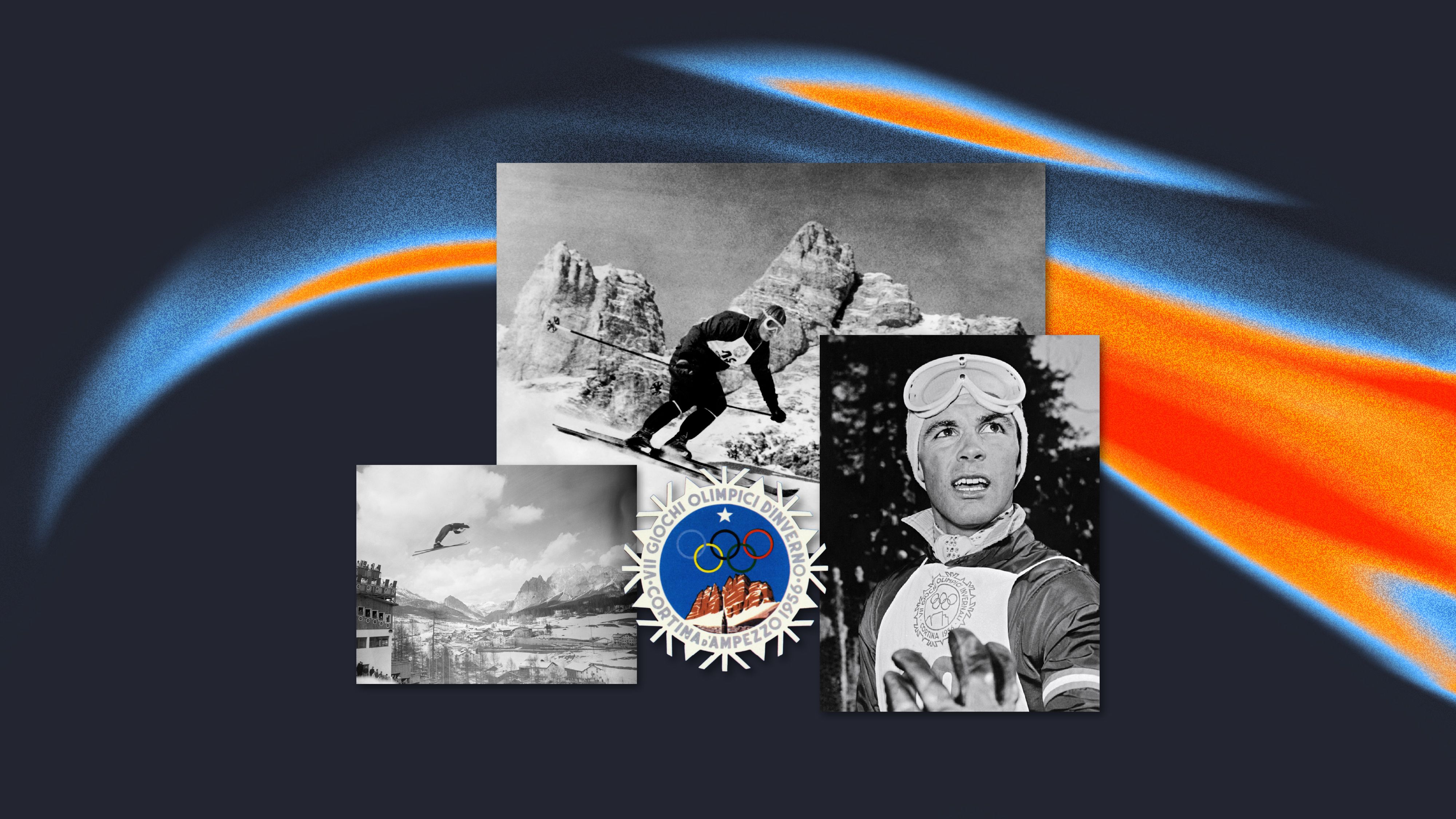 Collage of 1956 Cortina Winter Olympics imagery featuring a skier racing downhill in front of rocky peaks, a ski jumper soaring above snowy mountains, the official Olympic emblem, and a close-up of an athlete in competition, layered over an abstract blue and orange backdrop