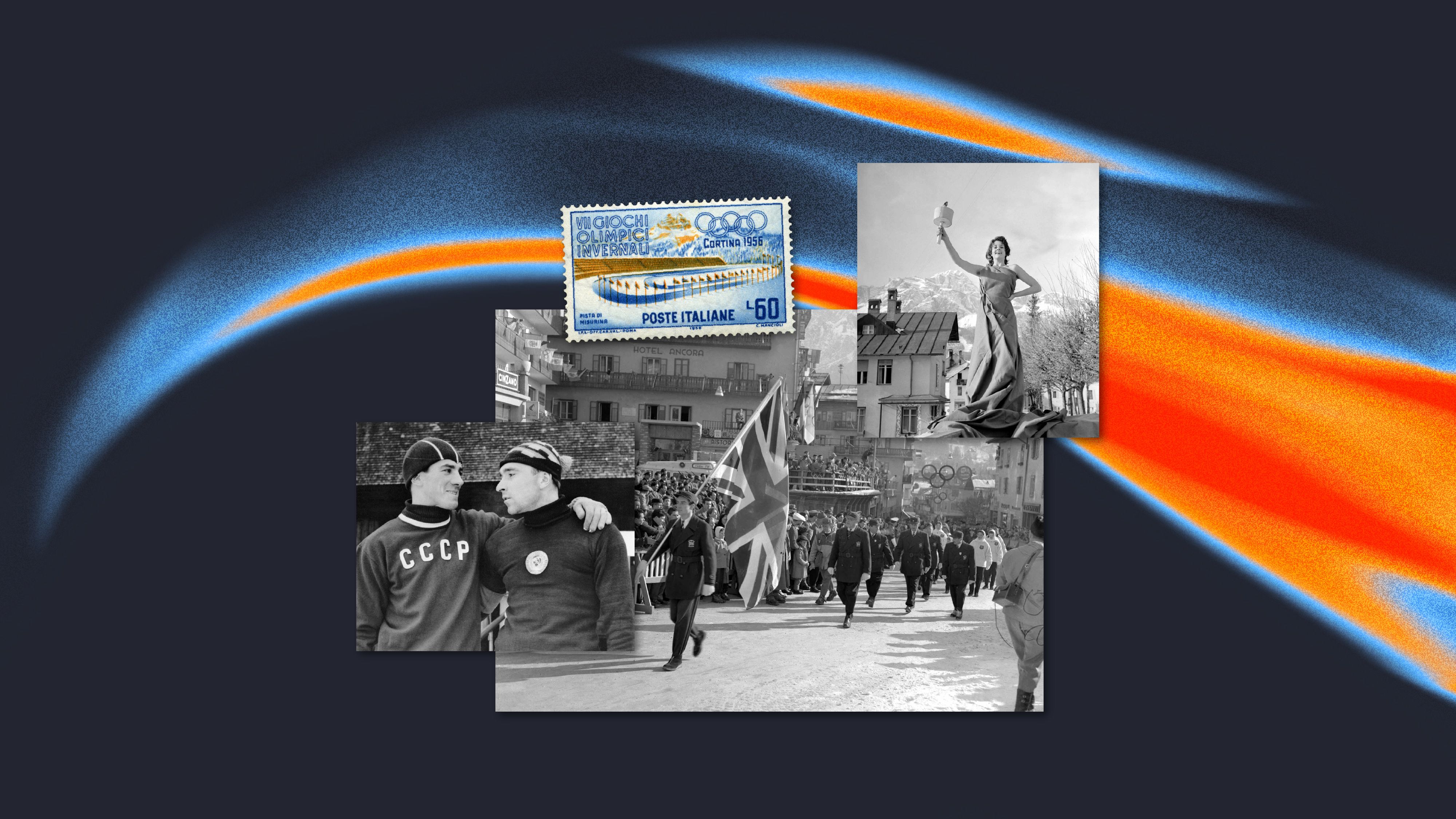Collage depicting moments from the 1956 Cortina Winter Olympics, including athletes walking in the opening parade with national flags, two athletes wearing USSR jackets embracing, a statue holding a torch, and a vintage stamp showing a ski jump, all set on an abstract blue and orange background