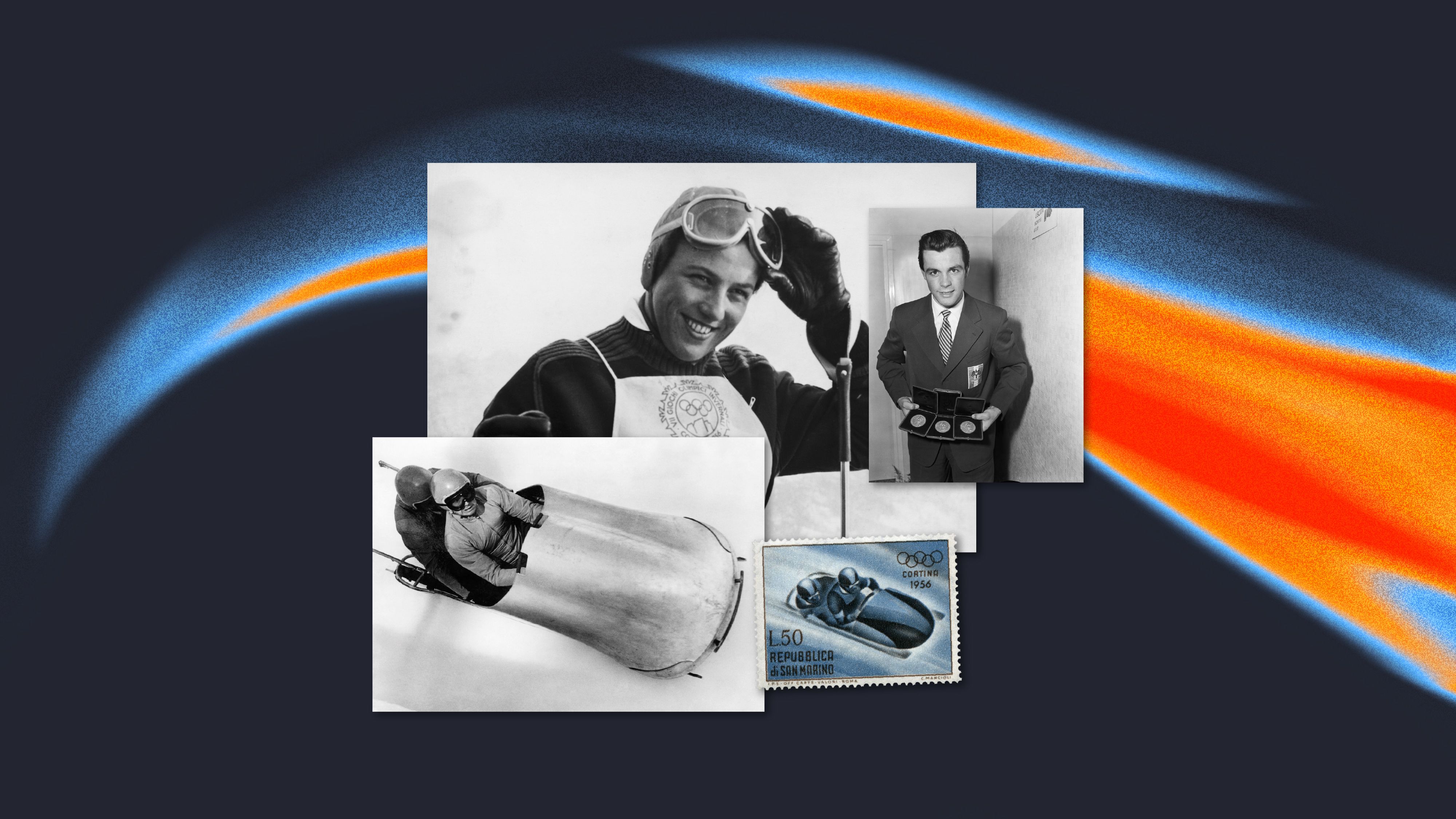 Collage of historical photos from the 1956 Cortina Winter Olympics, including a bobsledder adjusting goggles, a bobsled in motion, an athlete holding medals, and a commemorative postage stamp, set against an abstract blue and orange background