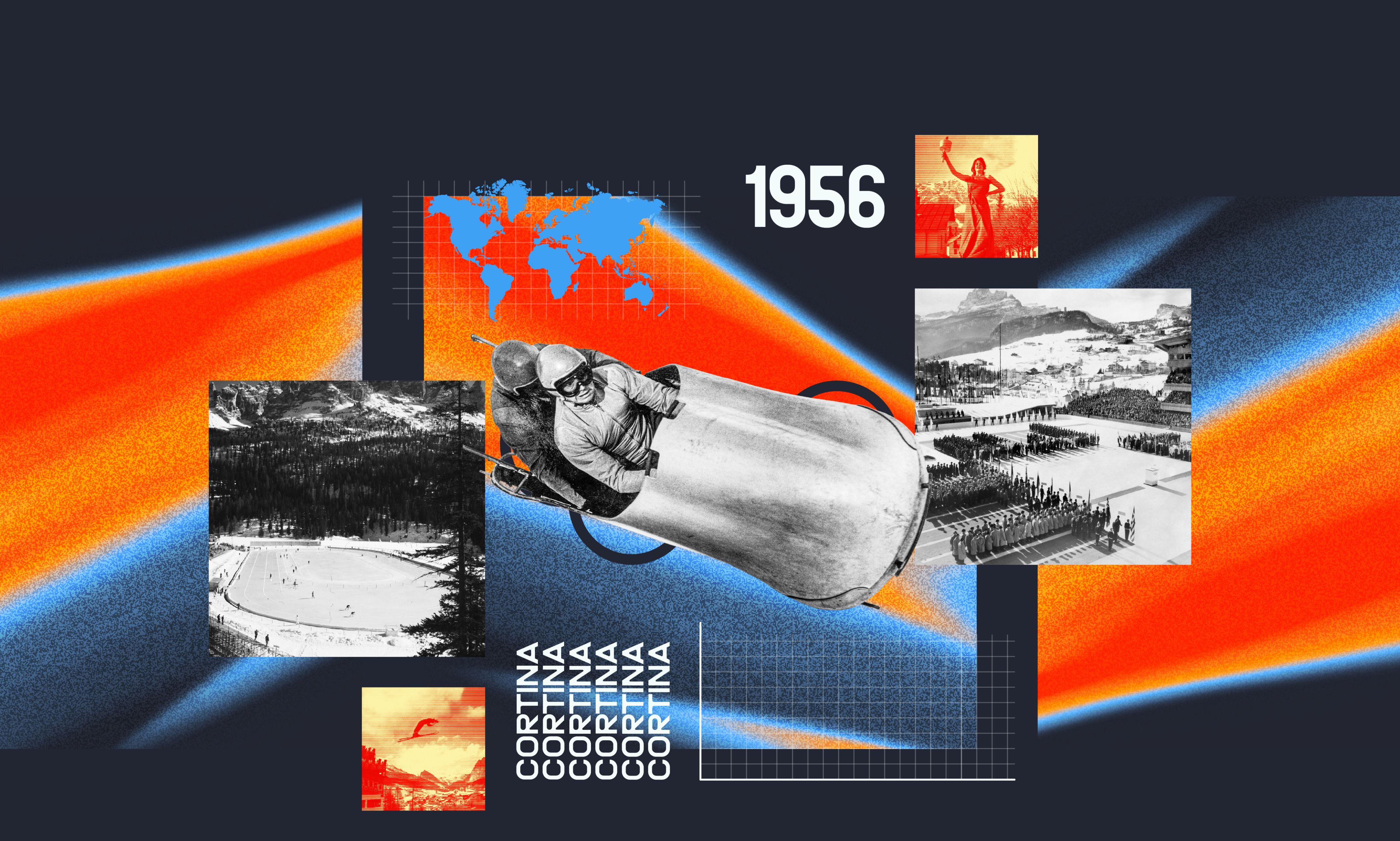 A collage-style graphic featuring 1956 Winter Olympics imagery: a bobsledder speeding downhill, black‑and‑white photos of snowy venues and crowds, a world map, and repeated text reading “Cortina,” all over a blue, orange, and red abstract background.