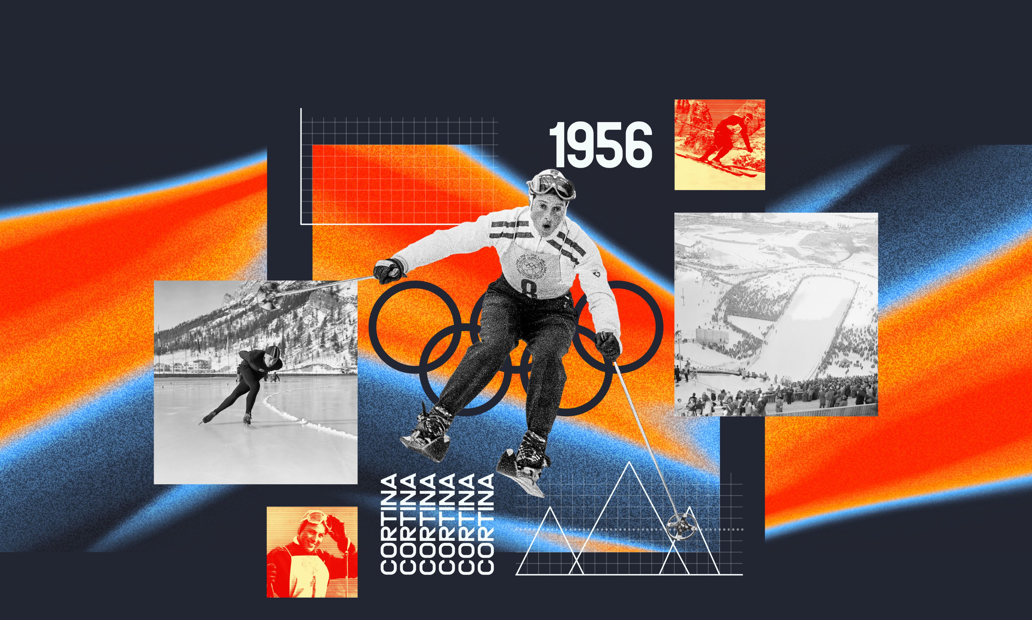 A collage highlighting the 1956 Winter Olympics with a speed skater in motion, black‑and‑white venue images, stylized illustrations, geometric patterns, and “Cortina” text on a blue, orange, and red gradient background.