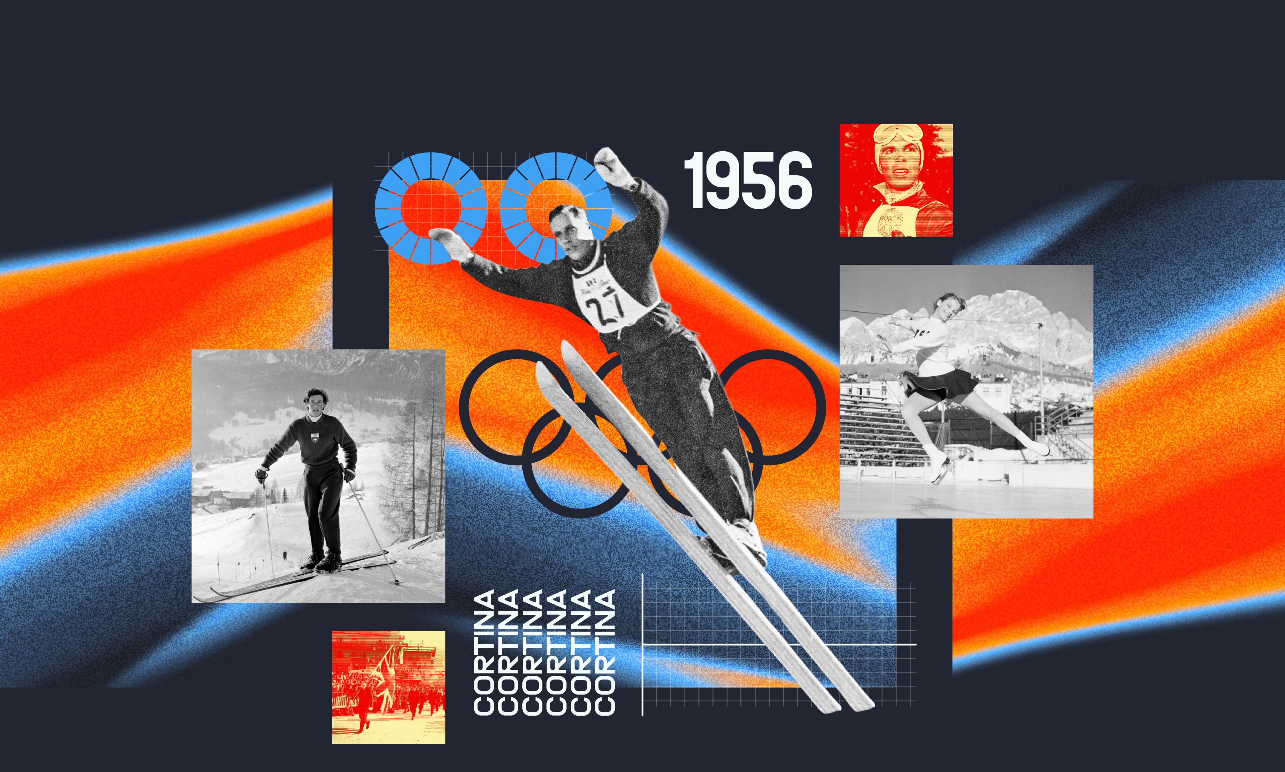 A dynamic collage themed around the 1956 Winter Olympics: a ski jumper mid‑air in the center, surrounded by images of skiing and figure skating, the Olympic rings, stylized patterns, and repeated “Cortina” text on a vibrant blue, orange, and red background.