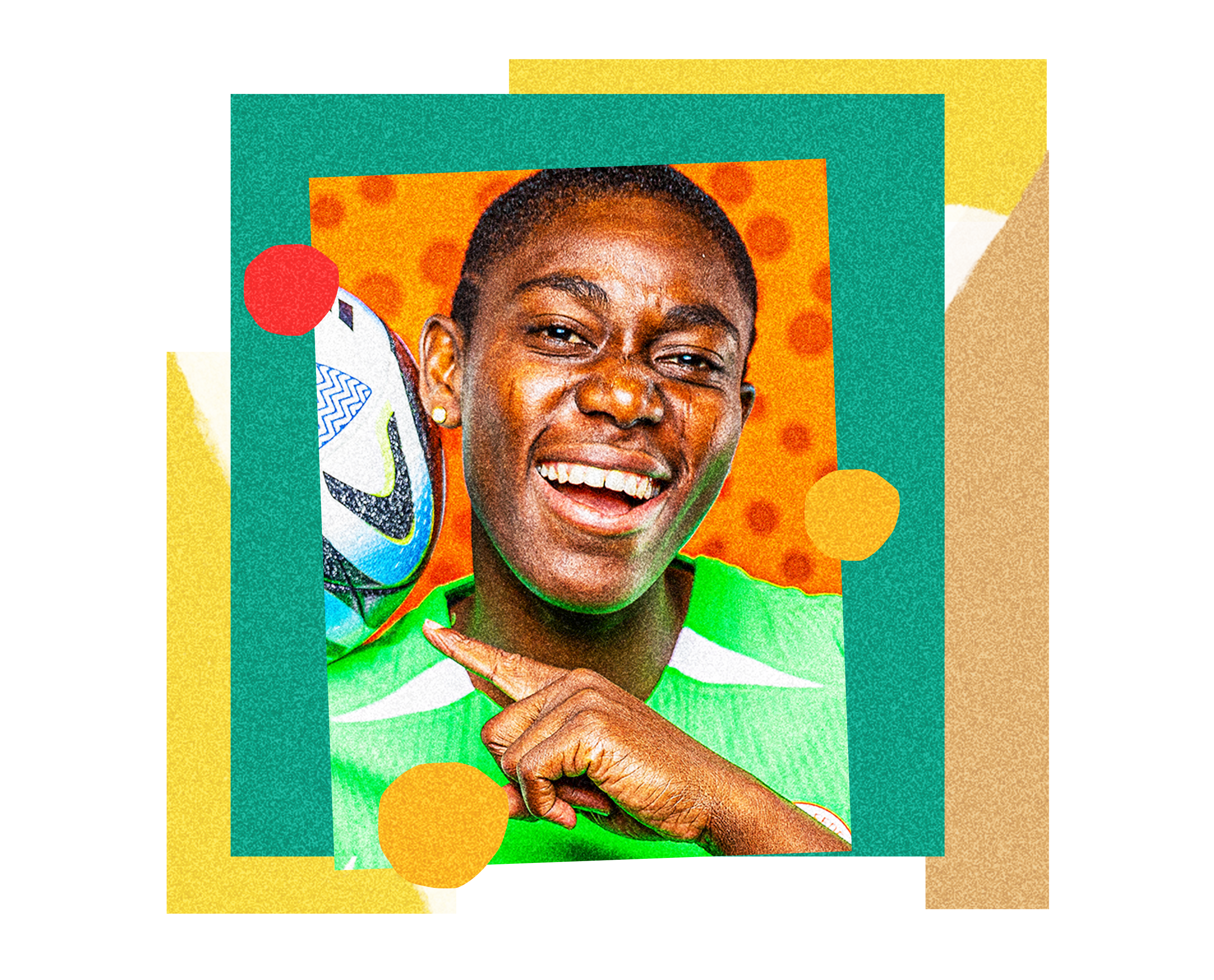 A collage with an image of Asisat Oshoala (Nigeria) in the centre