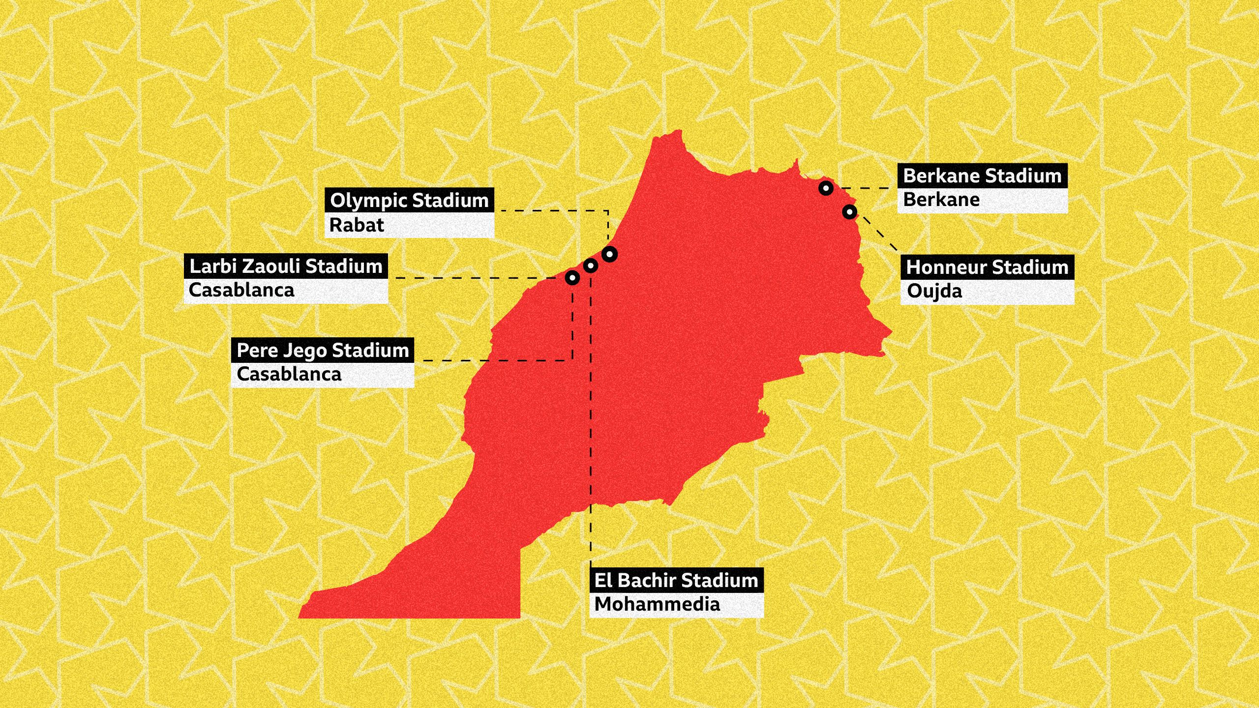 A map of the stadiums hosting WAFCON games