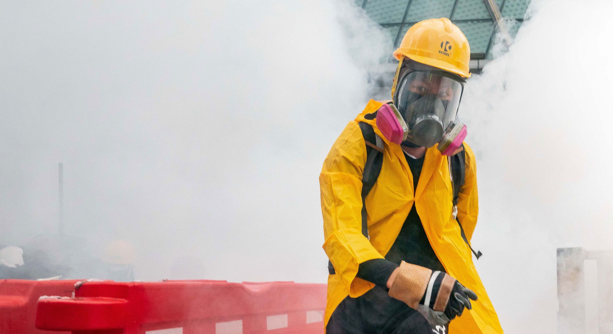 Protester wearing gas mask