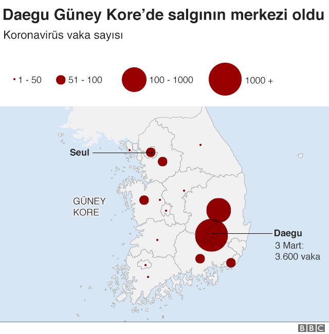 Bubble map displaying Daegu as the epicentre of the outbreak in South Korea