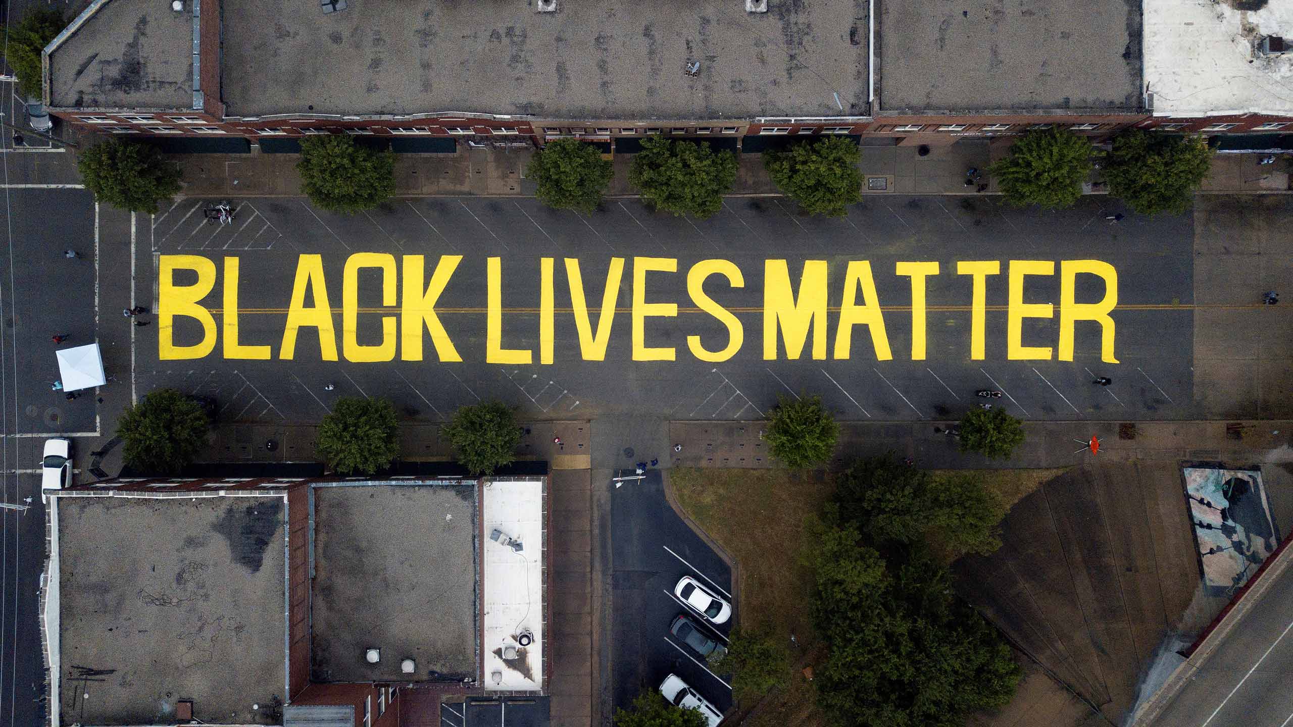 Black Lives Matter mural painted on the road surface of Black Wall St in Tulsa, June 2020