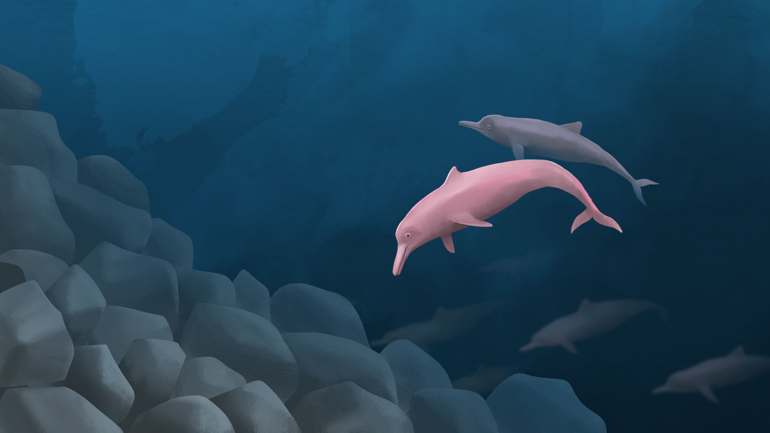 Illustration of pink dolphins surrounded by rocks and sand