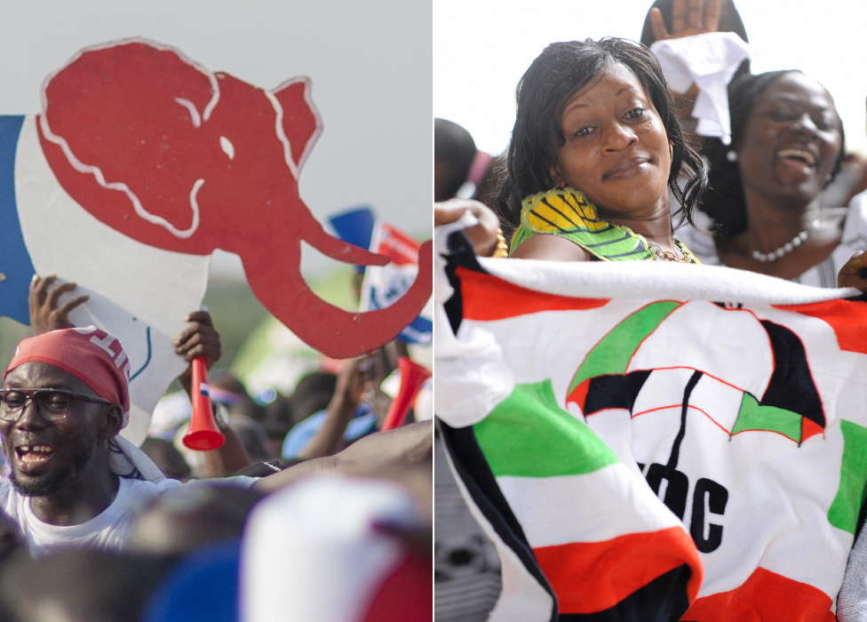 Símbolo de elefante NPP y símbolo de paraguas NDC en Ghana