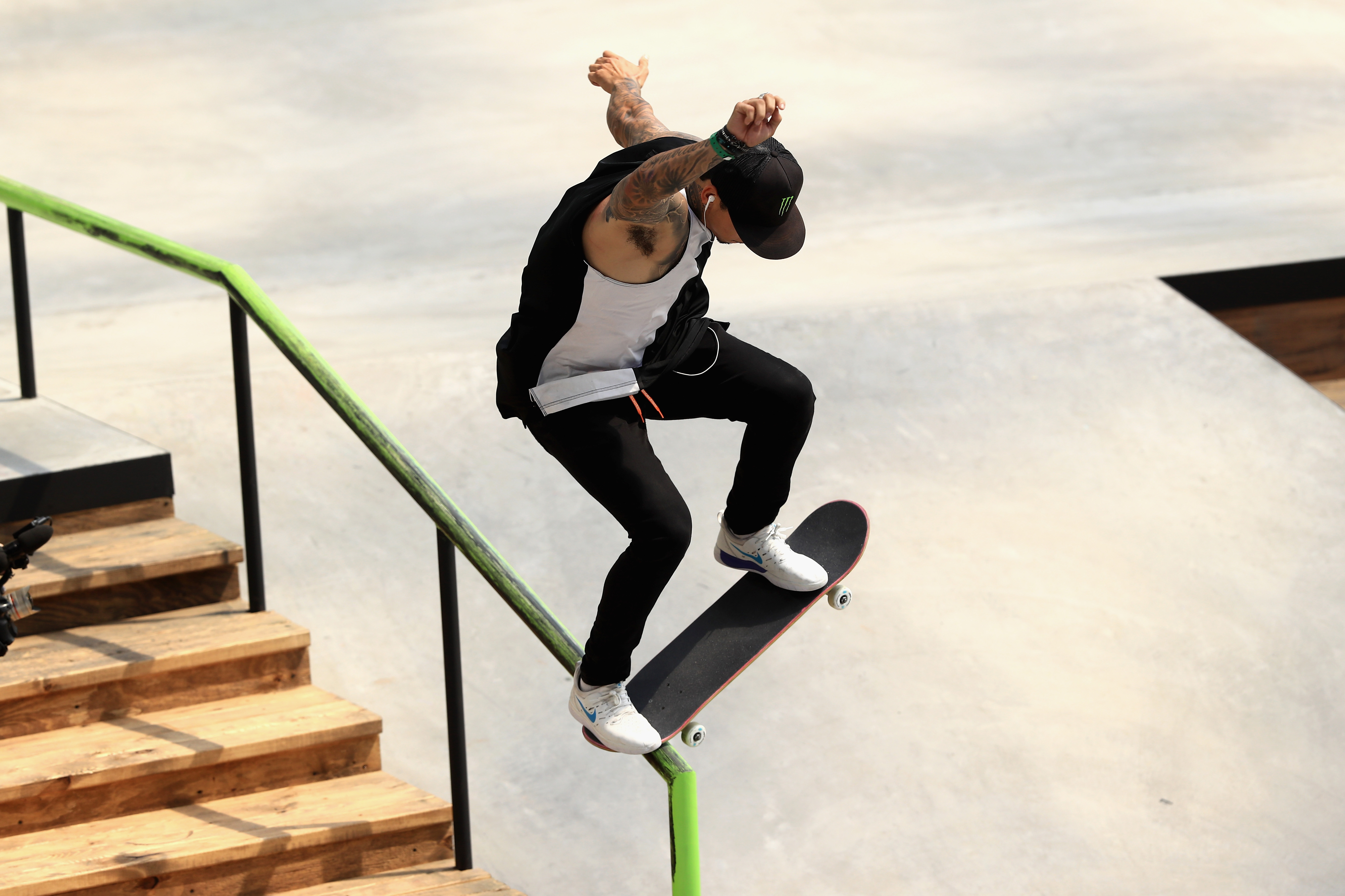 Nyjah Huston competes in the Men's Skateboard Street during the ESPN X Games at U.S. Bank Stadium on July 22, 2018 in Minneapolis, Minnesota.