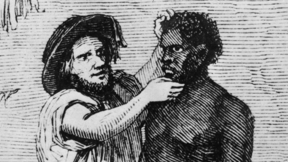 Des commerçants blancs inspectent des esclaves africains lors d'une vente, vers 1850