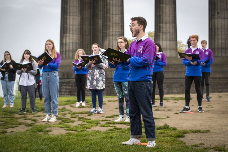 The National Youth Choir of Scotland meet on Calton Hill, Edinburgh, to sing, 17 May 2021.