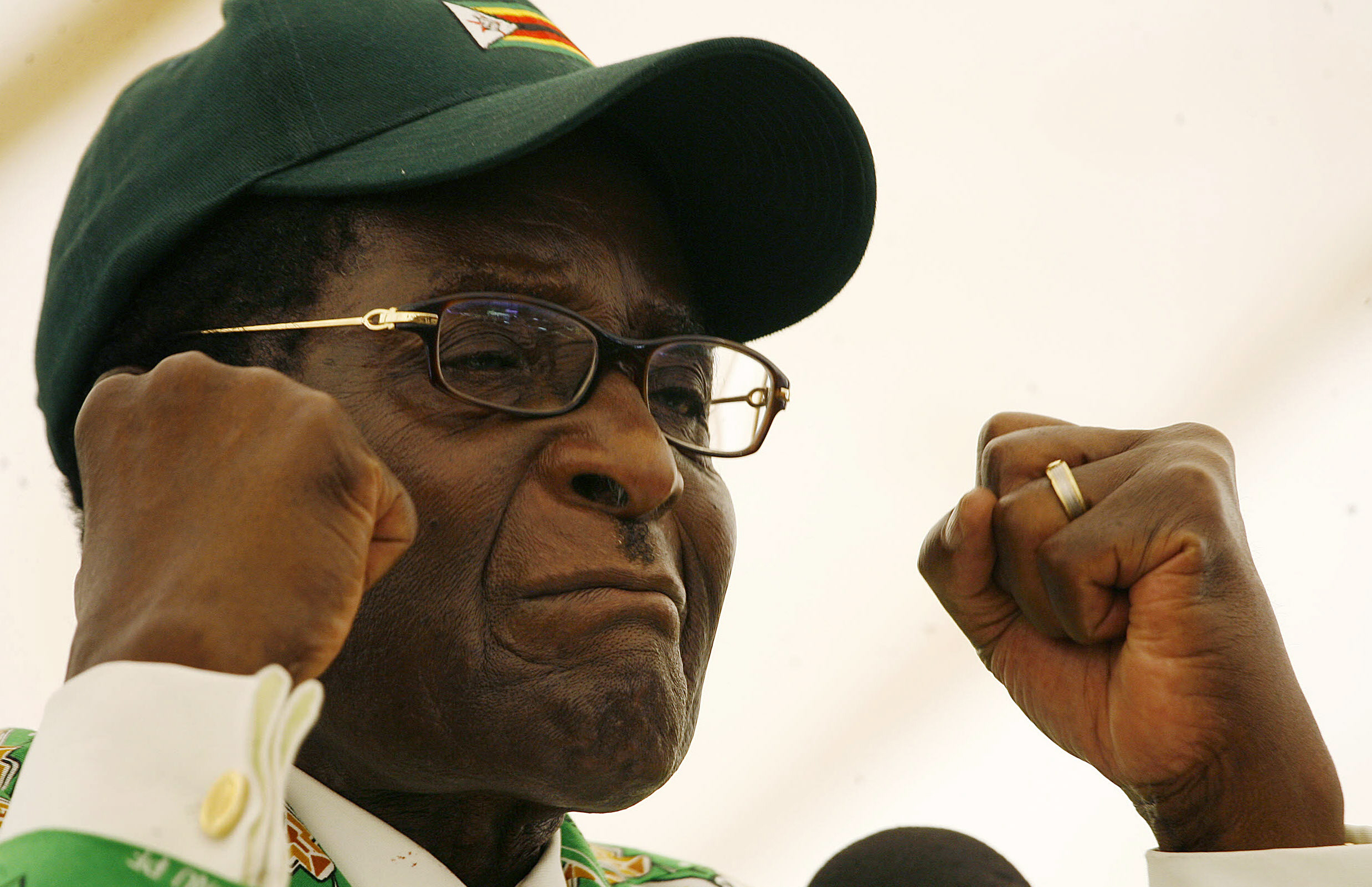 Robert Mugabe, pictured wearing a cap and clenched fists, during 2008 election rally 