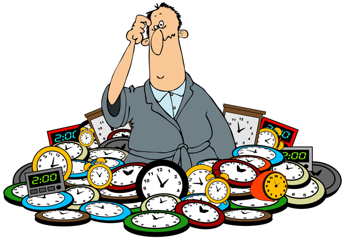 Un dibujo de un hombre confundido rodeado de relojes.