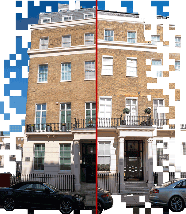 Foto dos dois edifícios em Belgravia, bairro nobre de Londres