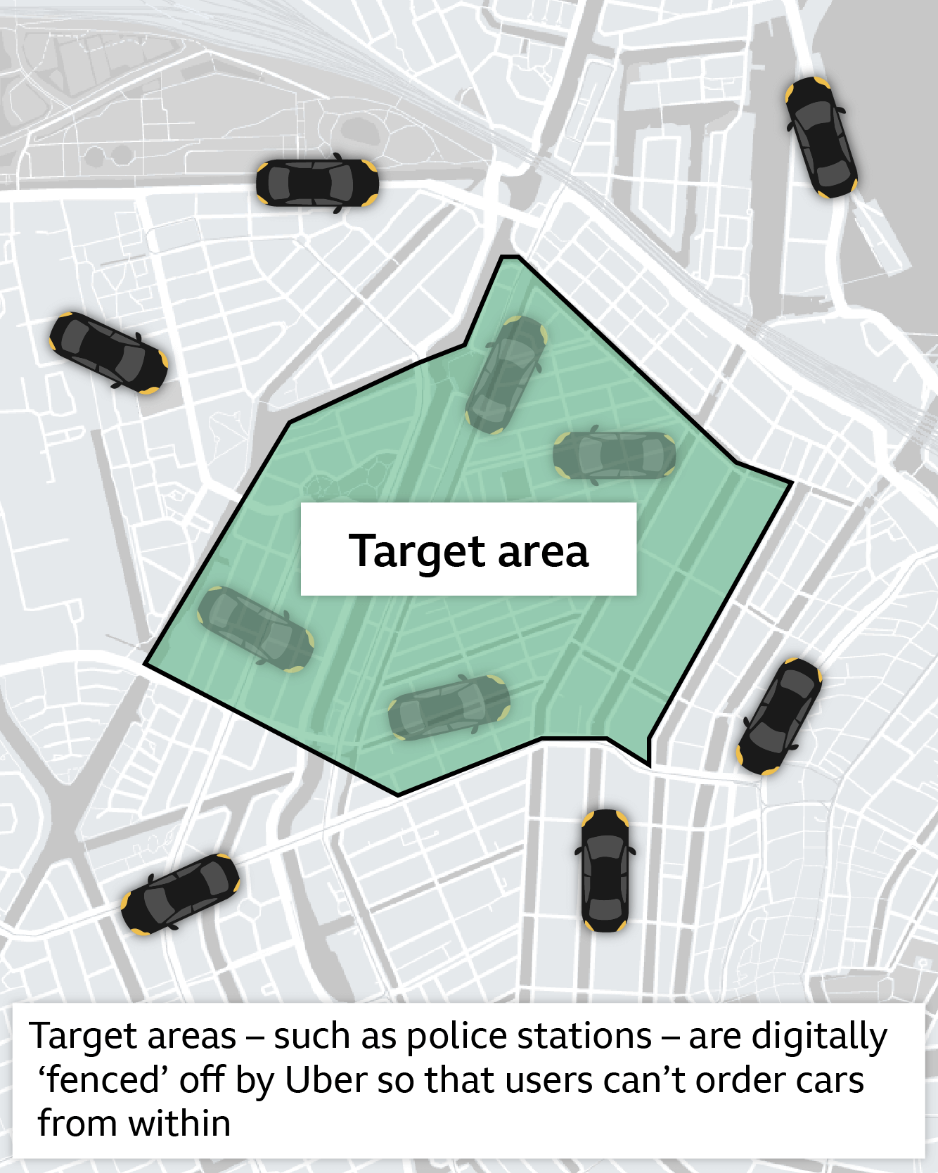 A map showing how Uber's geofencing worked to set a target zone, not allowing people to order a ride within that specific location 