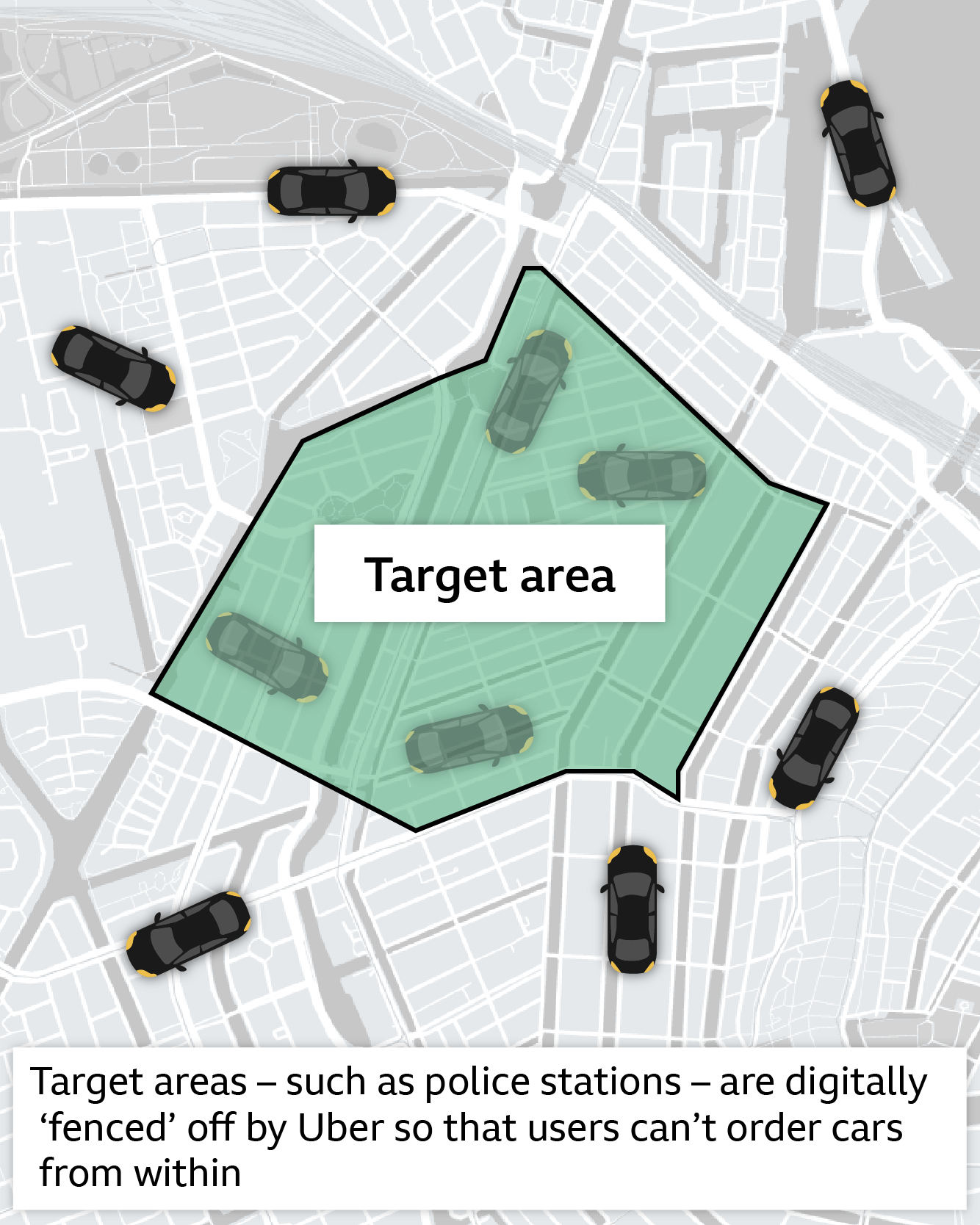 A map showing how Uber's geofencing worked to set a target zone, not allowing people to order a ride within that specific location