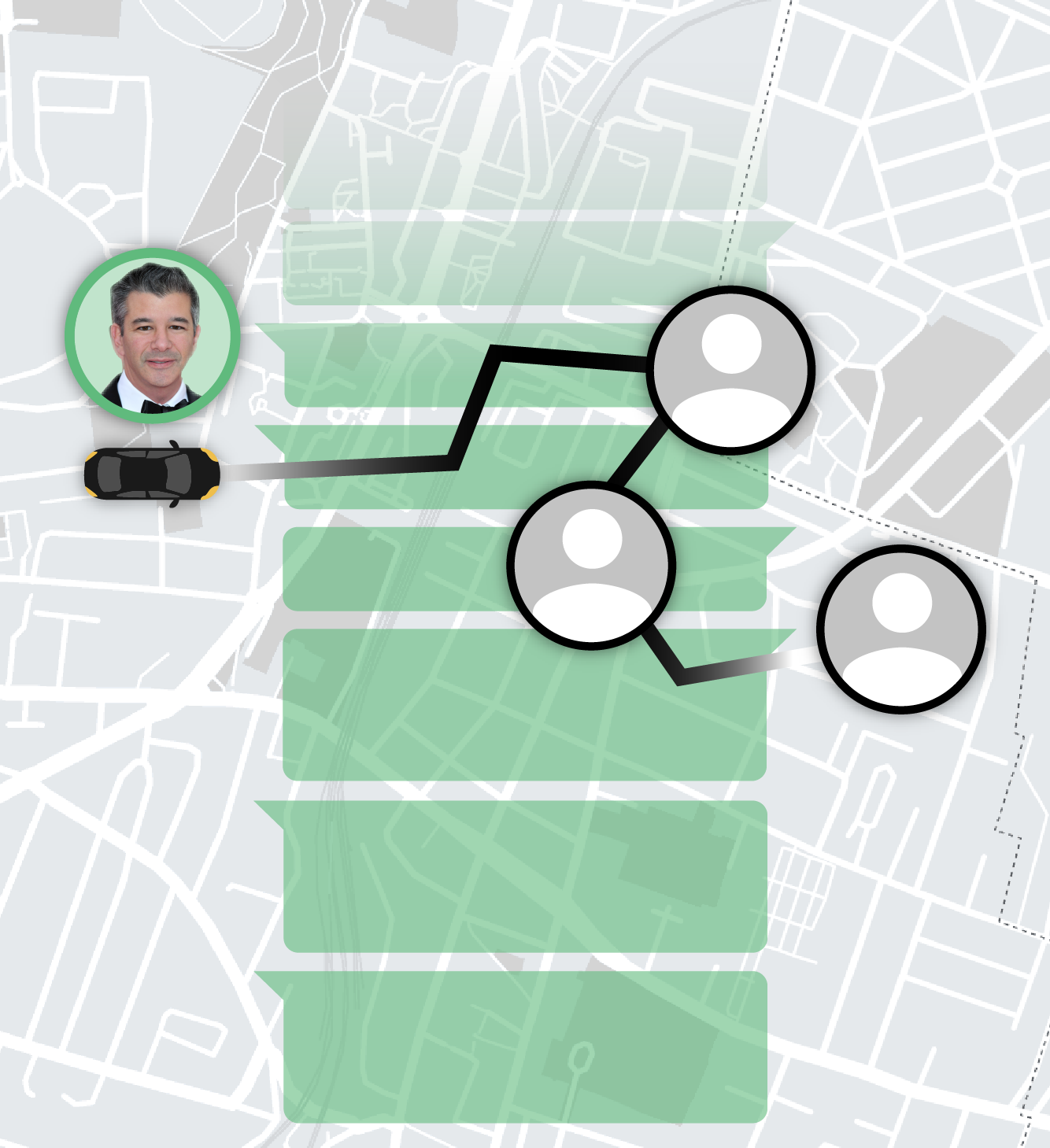 Image of a map with empty chat bubbles overlaid by circles. In the left circles is the face of former Uber CEO Travis Kalanick. The image shows a car graphic that appears to be driving on the map from Kalanick to the other faceless circles.