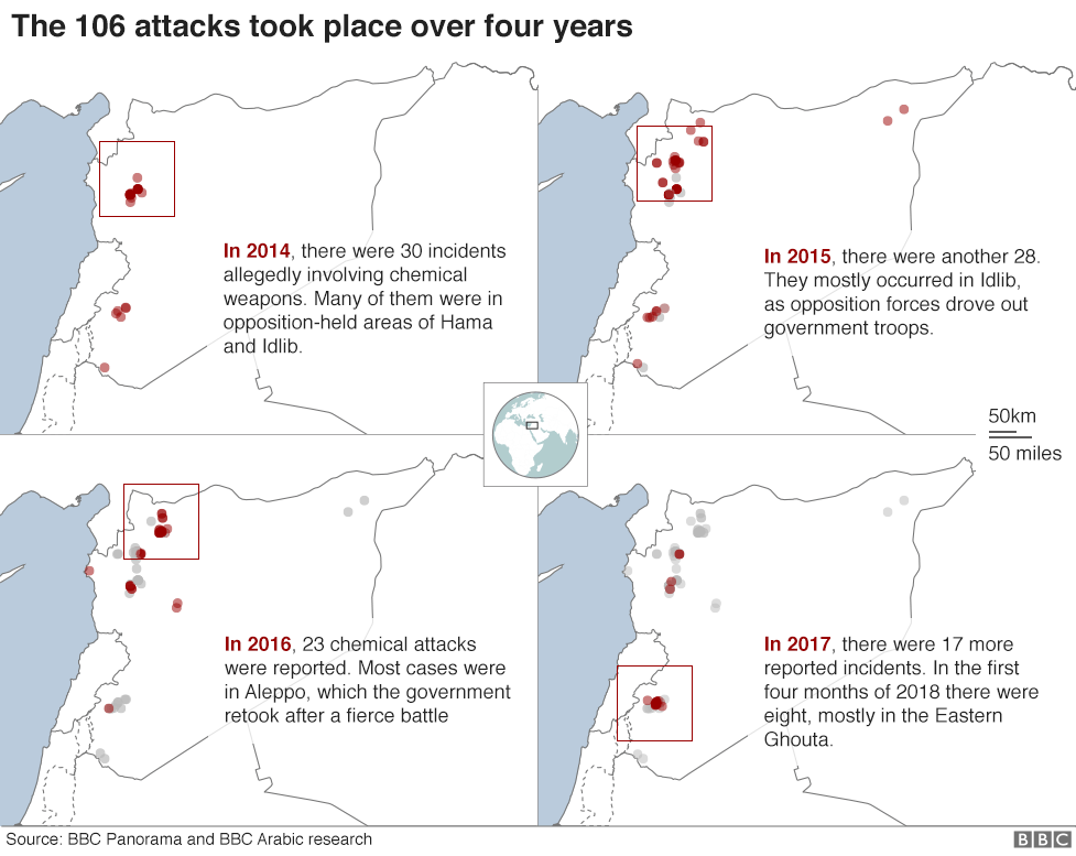 Series of maps showing alleged chemical attacks in Syria 2014-2018