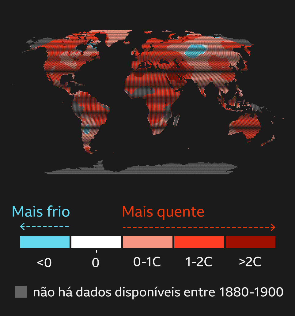 Mapa das mudanças na temperatura global desde 1900