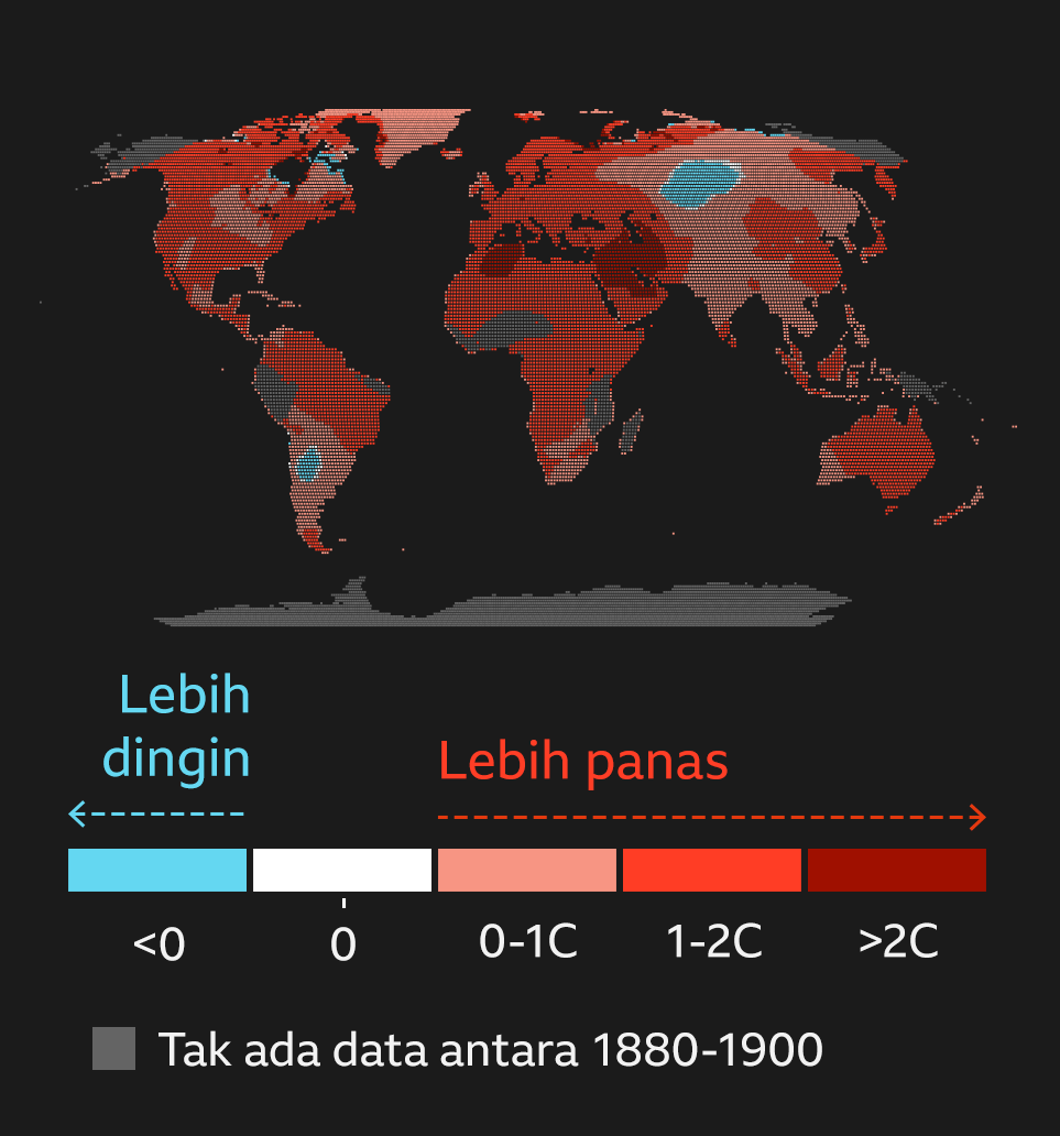 Peta memperlihatkan perubahan suhu global sejak tahun 1900