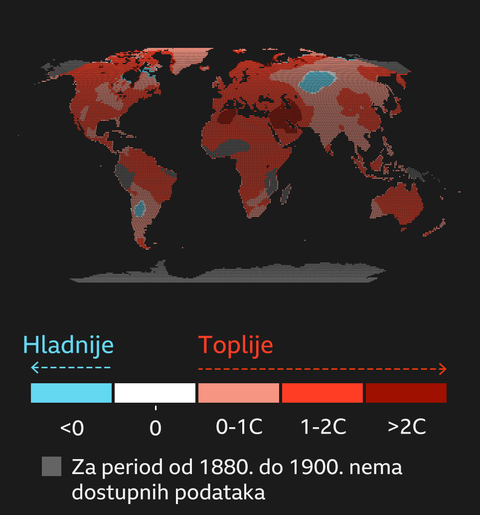 Mapa pokazuje promene temperature od 1900.