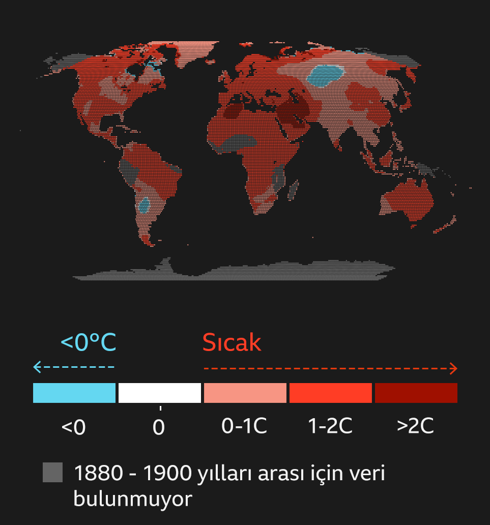 1900'den bu yana küresel <br>sıcaklık değişikliklerini gösteren harita.